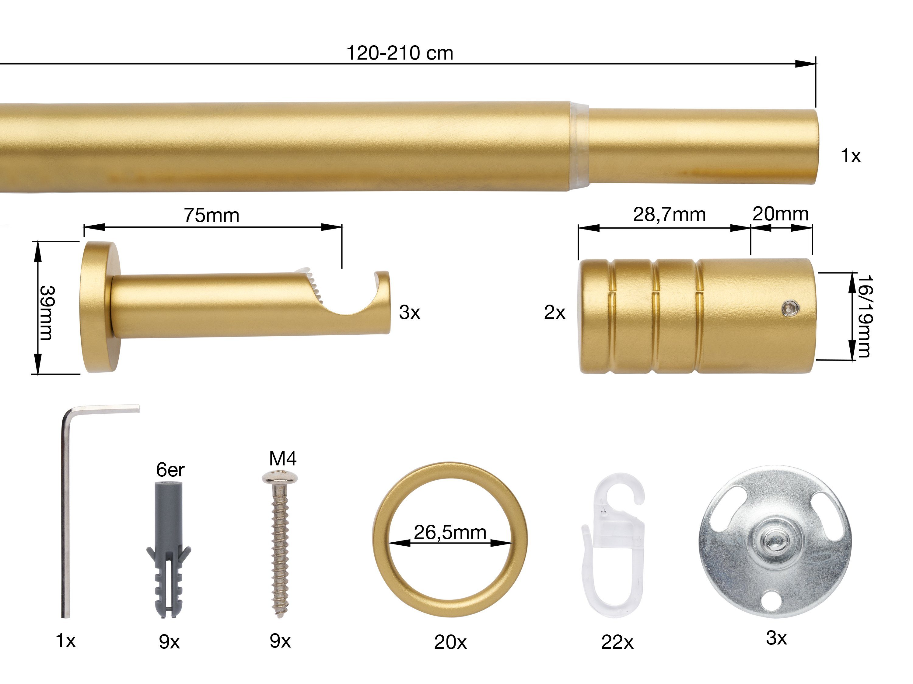Gardinenstange Teleskopgarnitur Rille, ondeco, 19 Gold Bohren, Ø verschraubt, ausziehbar, Bohren, Aluminium 1-läufig, mm
