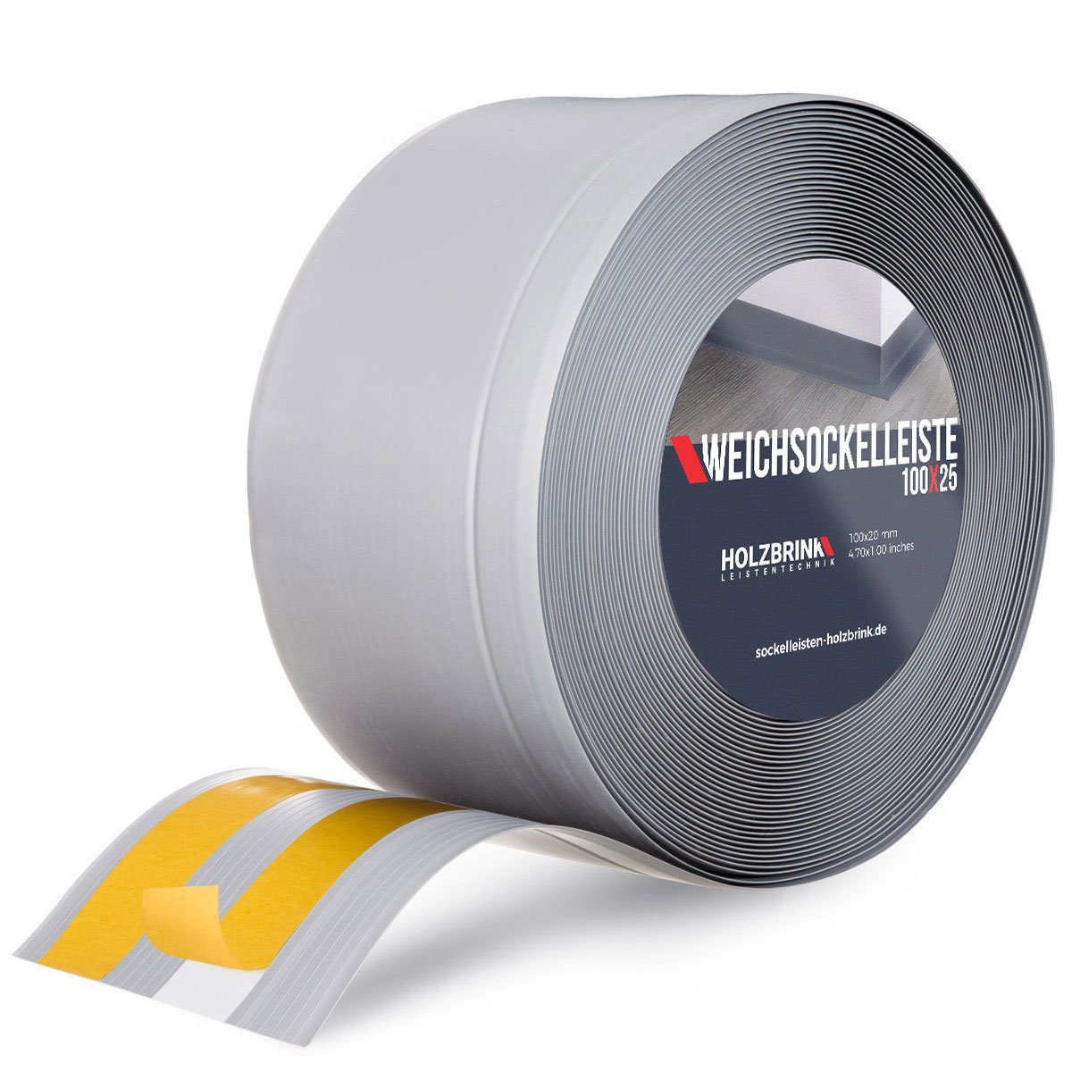 HOLZBRINK Sockelleiste PVC Weichsockelleiste selbstklebend 100x25mm Grau, 10m Rolle, Küchenabschlussleiste Arbeitsplatte, Fensterleiste, Fensterabdichtung