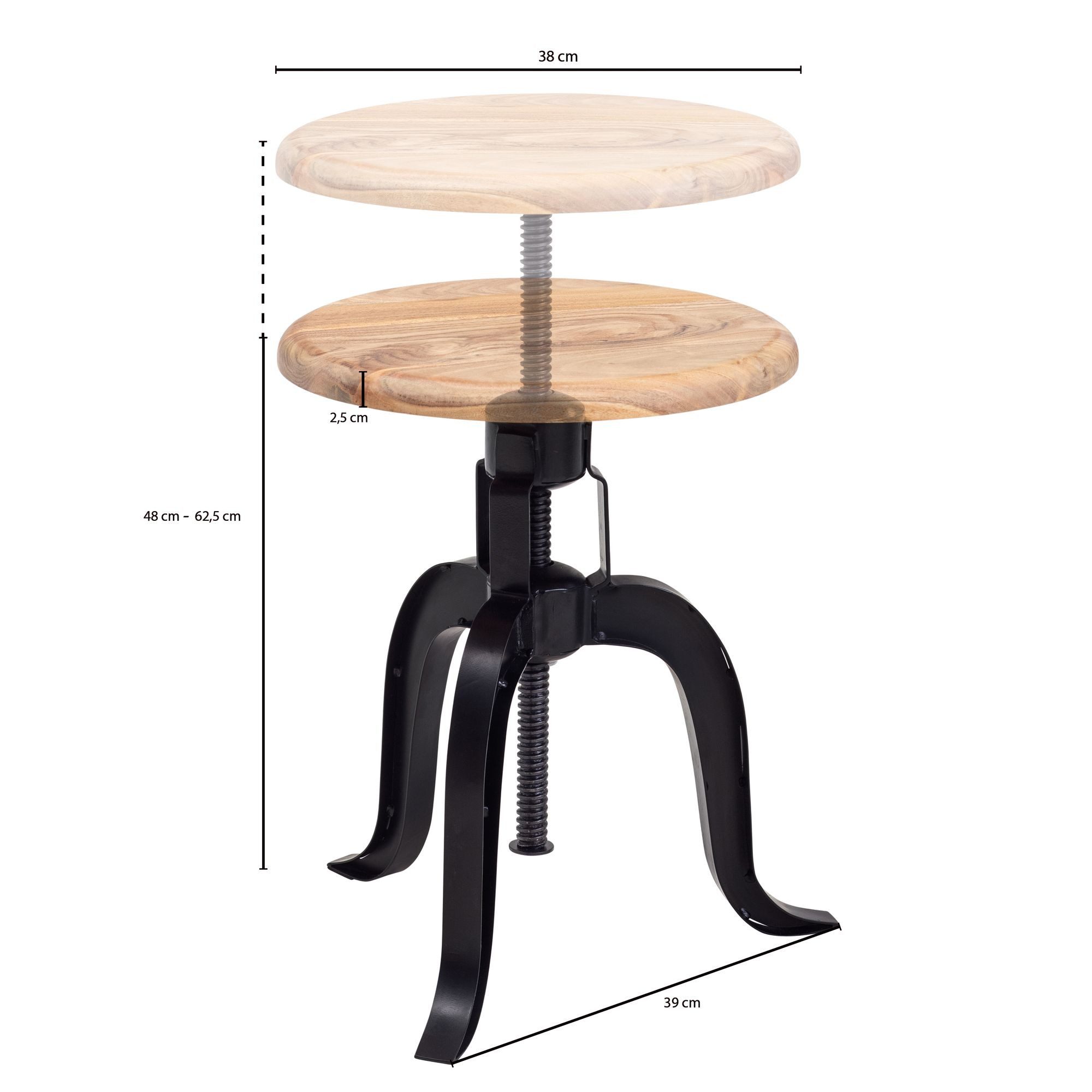 FINEBUY Drehhocker FB81748 Hocker Metall / Holz Massiv 39x62,5x39 cm Dekohocker Rund (Dekohocker Drehbar, Metallhocker Industrie Schwarz), 39x62,5x39 cm Akazie Massivholz / Metall Rund