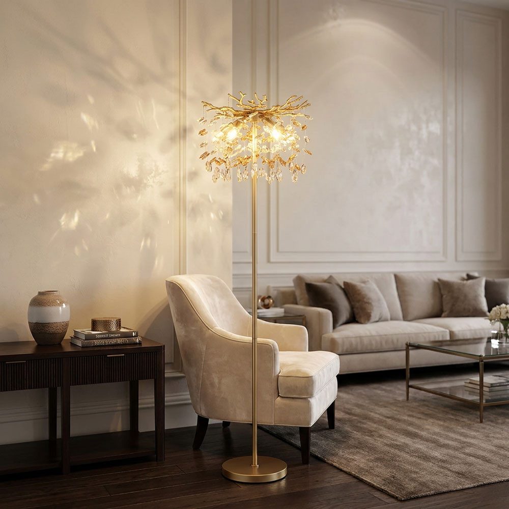 GLOBO LIGHTING LED Stehlampe, Leuchtmittel inklusive, Warmweiß, LED Stehleuchte Standlampe Metall Kristall Gold Flexibler Arm Warmweiß