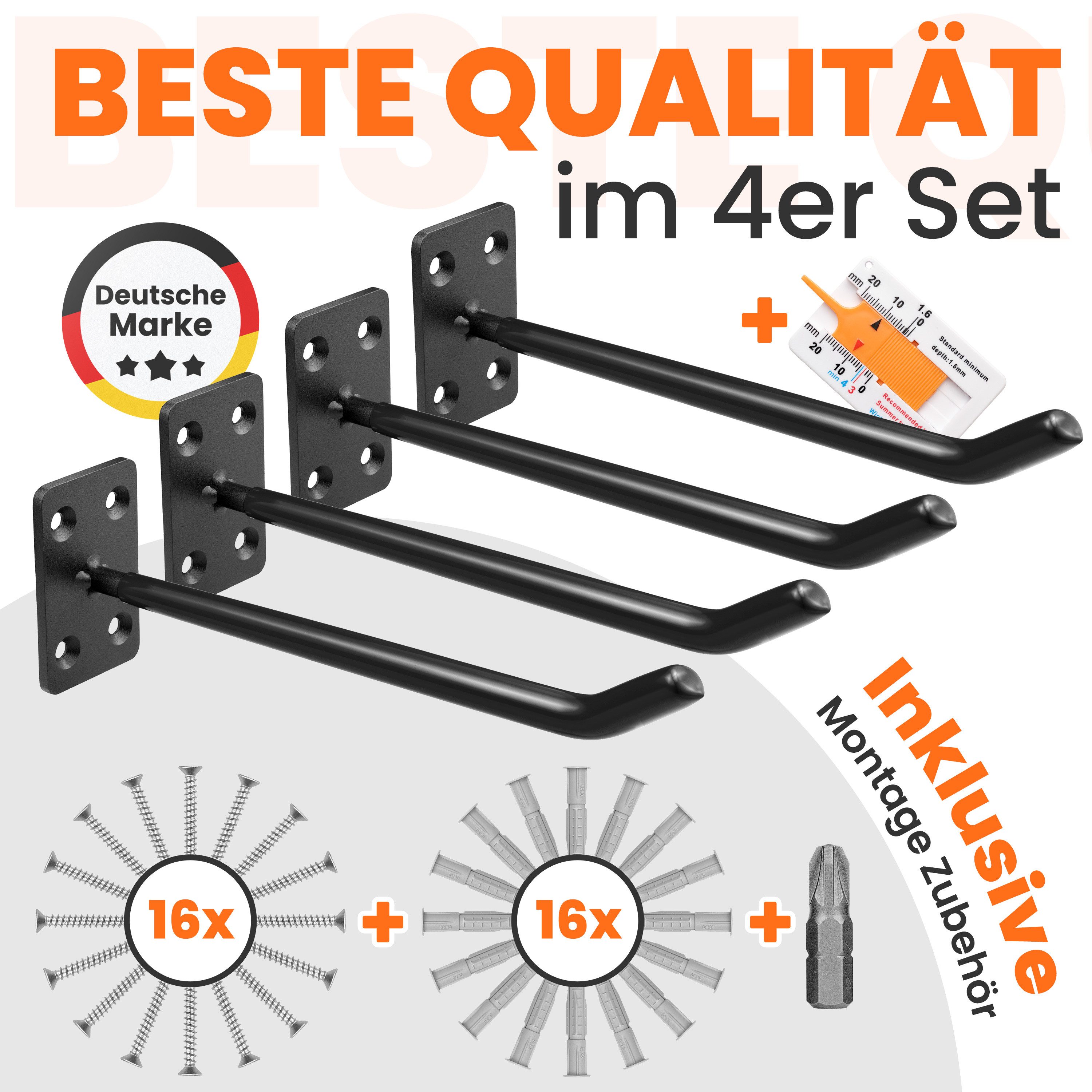 JK Trade Reifen-Wandhalterung 4er Set für Auto Felgen bis 40 kg, (bis 22 Zoll, 4x Reifenhalterung, 16x Schrauben & Dübel, Torx & Profiltiefenmesser, Massiver Stahl mit rutschfester Gummierung)
