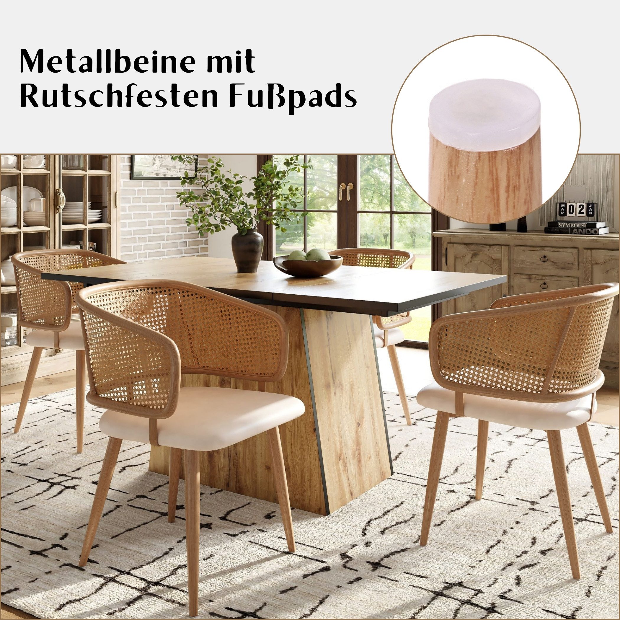 SeedWave Esszimmerstuhl Ergonomische Rattan-Diningstühle mit Armlehnen, Set aus 2, PE-Imitationsrattan, PU-Lederkissen, rutschfeste Bodenschutzpads