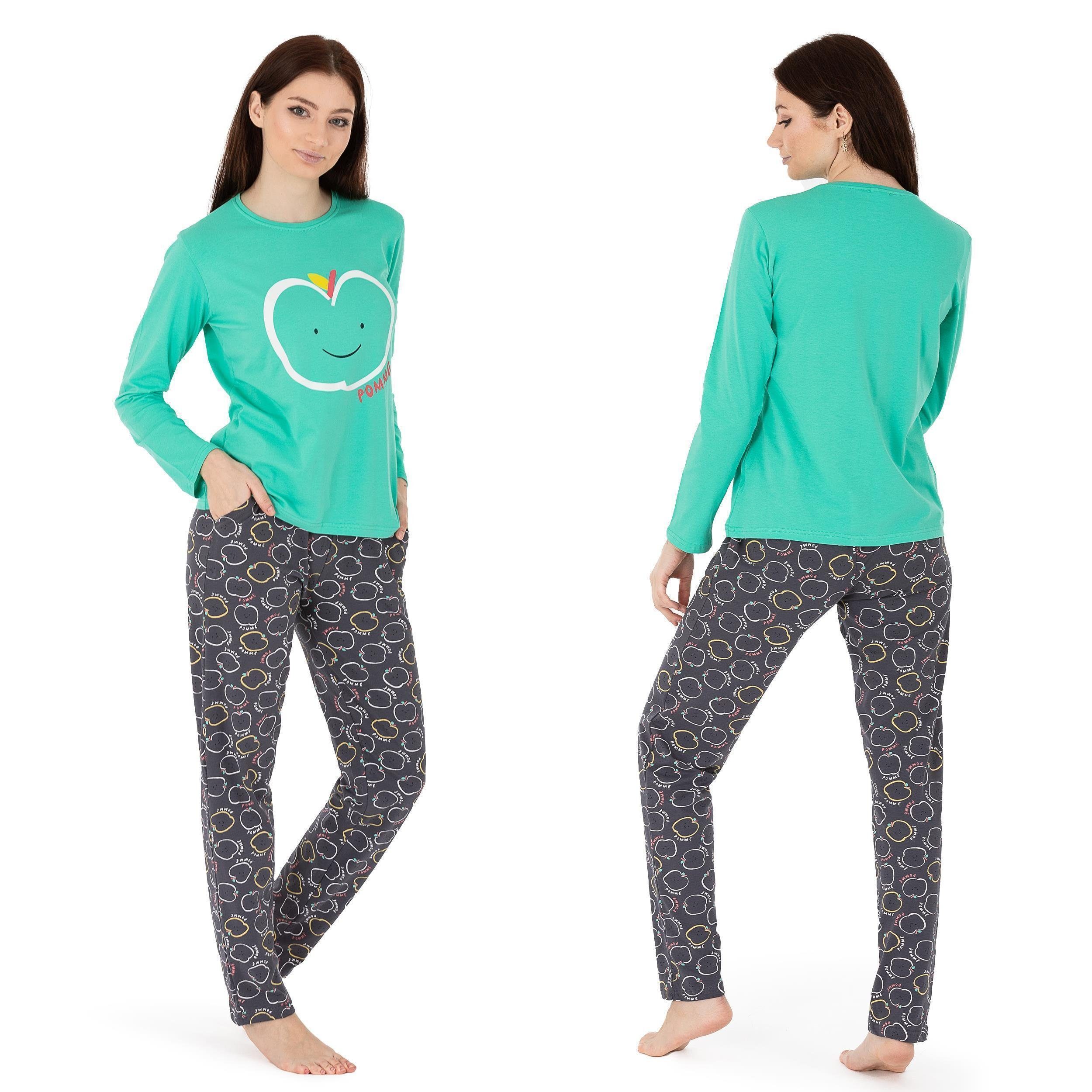 LOREZA Schlafanzug Schlafanzug Pyjama langarm- Apple - Bunt (Set, 2 tlg)