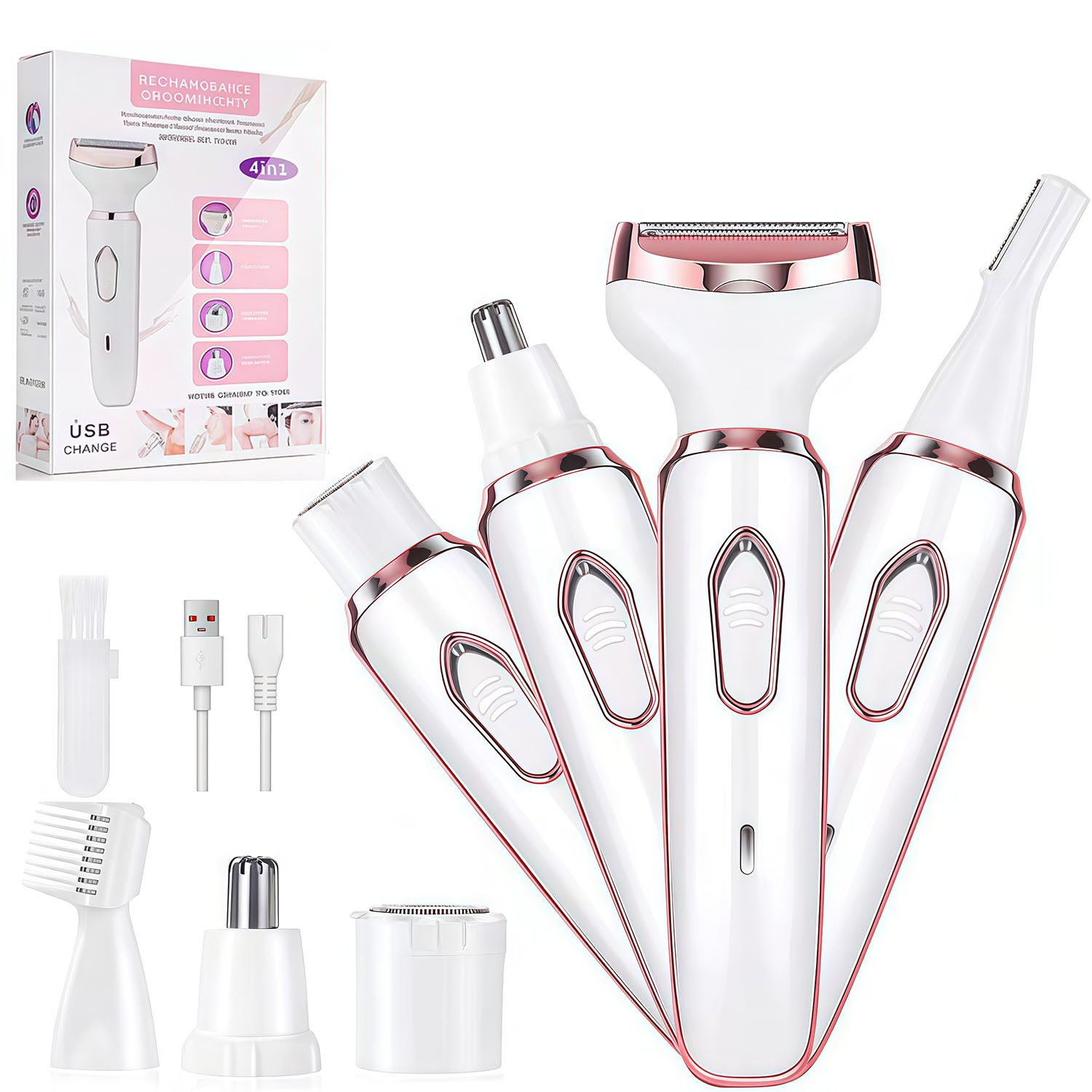 MOPUEA Haarentferner-Set Elektrischer Rasierer für Frauen, 4-in-1-Rasierer für Frauen, Haartrimmer für Gesicht Nase Achseln Intimbereich Bikinizone, Intimrasierer Damen Gesicht Bikinizone USB Aufladung