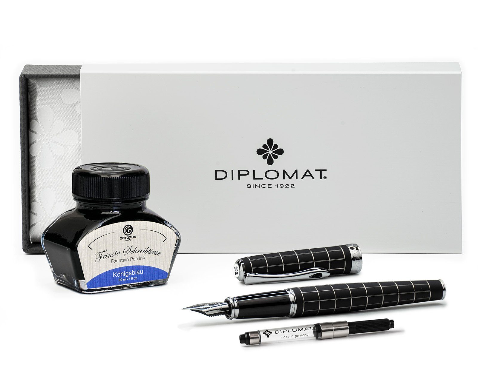 DIPLOMAT Füllhalter Excellence A+ Raute guillochiert lapis schwarz mit Schreibtinte, (Spar-Set mit Tintenkonverter und Schreibtinte Königsblau von Octopus Fluids), MADE IN GERMANY