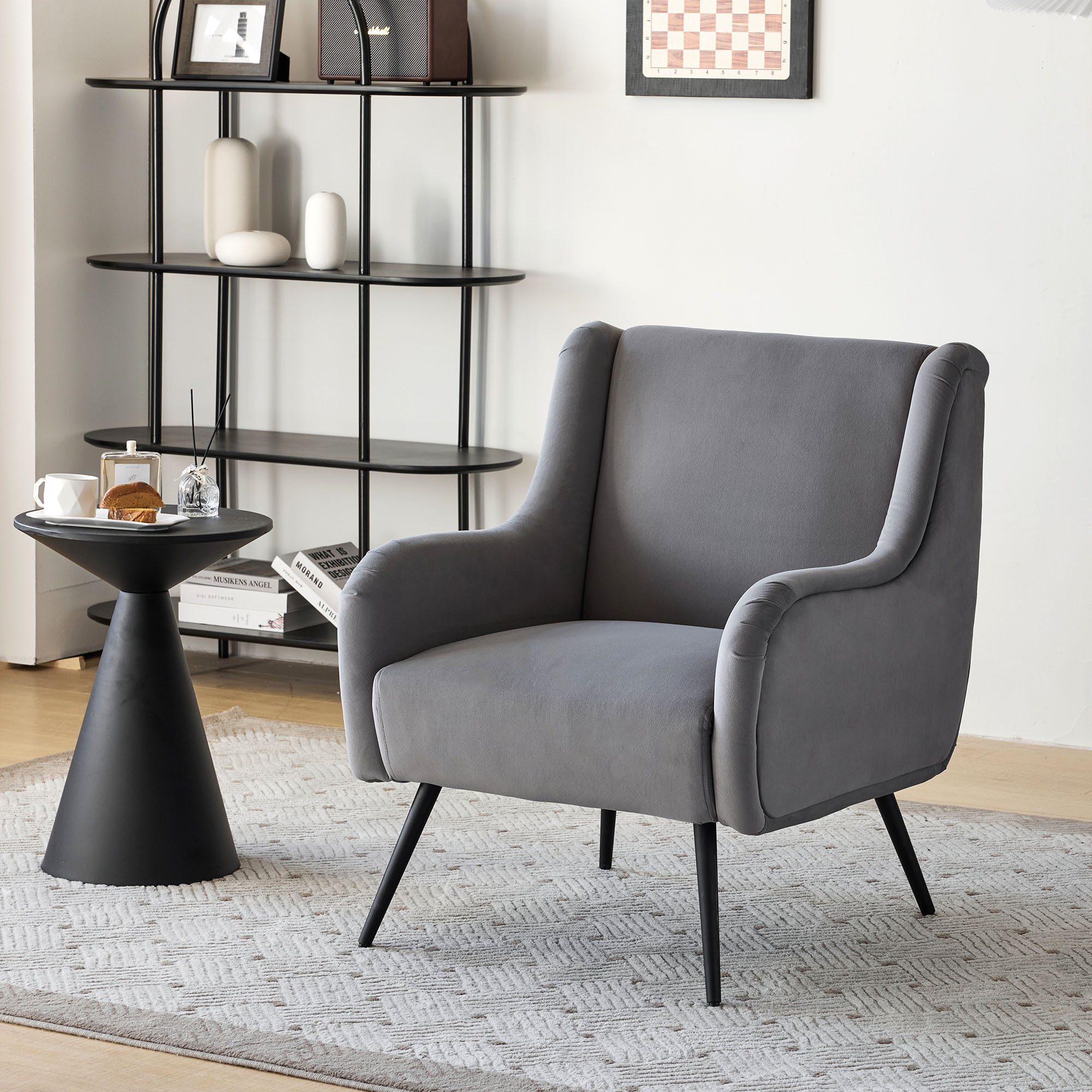 OKWISH Sessel Loungesessel Polstersessel Relaxsessel (Wohnzimmer-Freizeitsessel im modernen Stil, mit Metallbeinarmlehne), mit hoher Rückenlehne, Samtstuhl, Samtstuhl grau