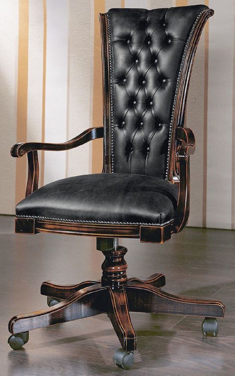 Casa Padrino Schreibtischstuhl Luxus Chesterfield Bürostuhl Vintage Schwarz / Dunkelbraun 64 x 49 x H. 107-117 cm - Höhenverstellbarer Schreibtischstuhl mit Echtleder - Büromöbel - Chesterfield Möbel - Echtleder Möbel