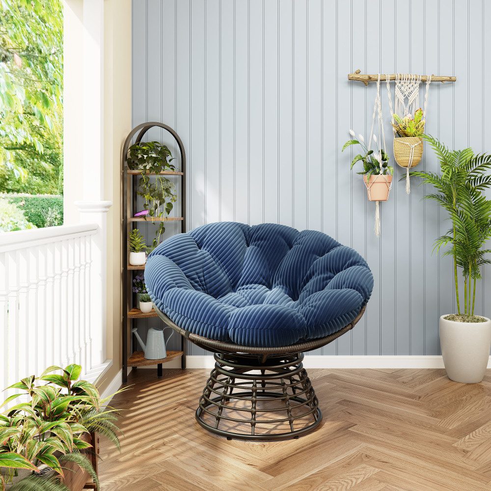 BBG Gartensessel Papasan Sessel mit 360° Drehfunktion, ergonomischer (Rattan Lounge Sessel mit extra dickem Kissen,Indoor Outdoor Drehsessel), bequemer Lesesessel für Wohnzimmer & Balkon