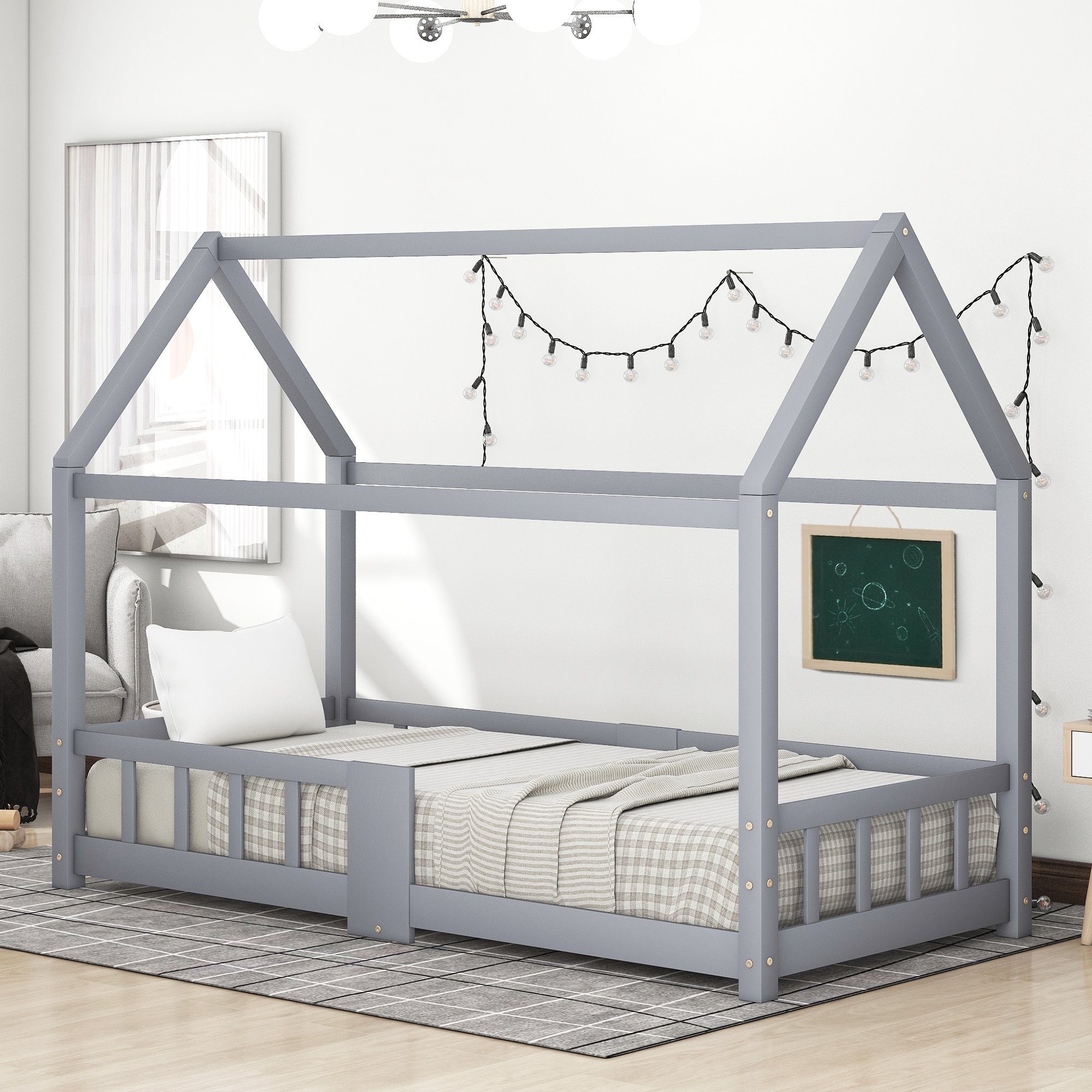 Kinderbett (Hausbett 90x200cm), Kinderbett mit Tafel, Rausfallschutz und Lattenrost, Kiefer
