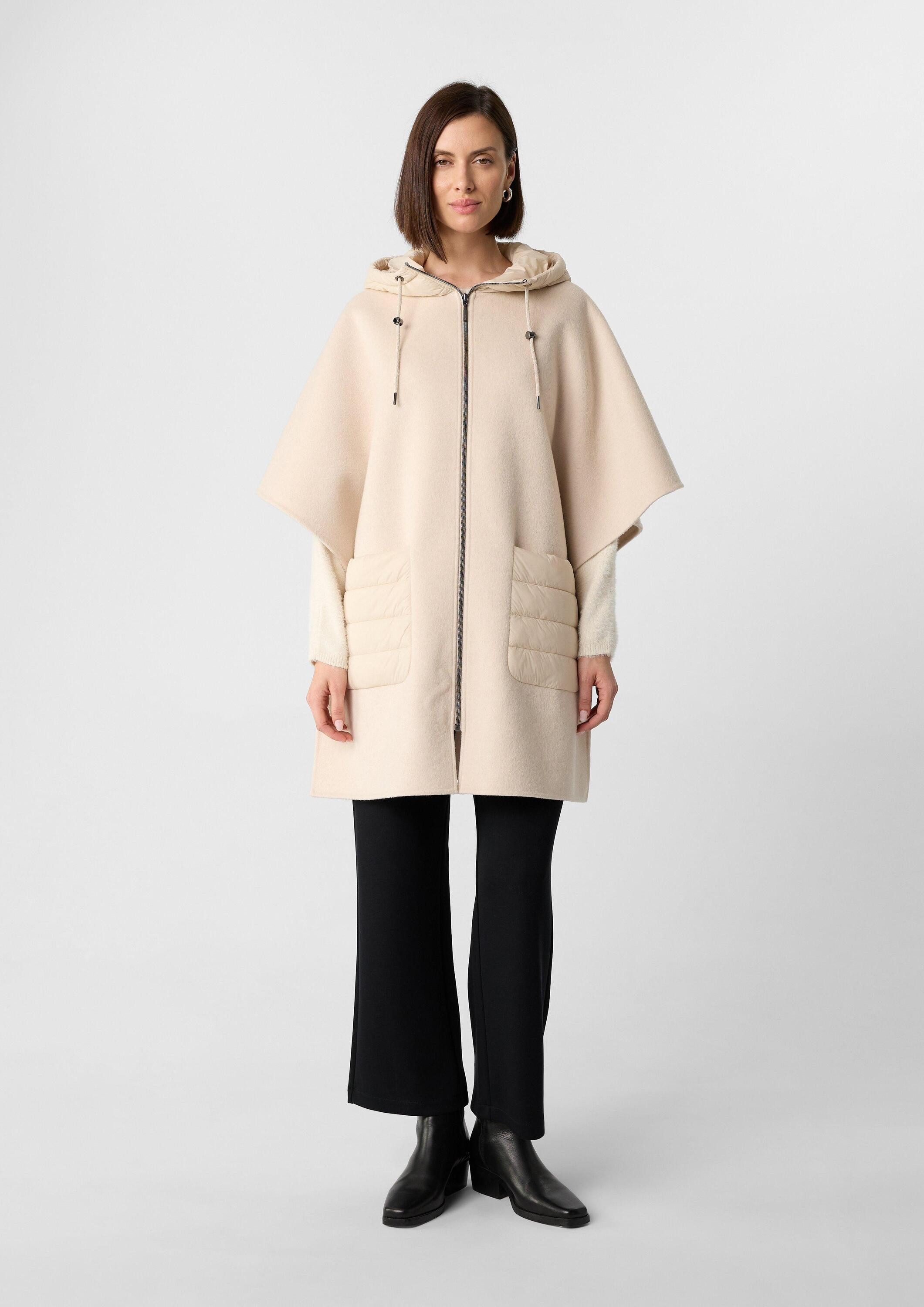 comma Poncho Outdoor-Umhang Woll-Cape mit wattierter Kapuze und aufgesetzten Taschen