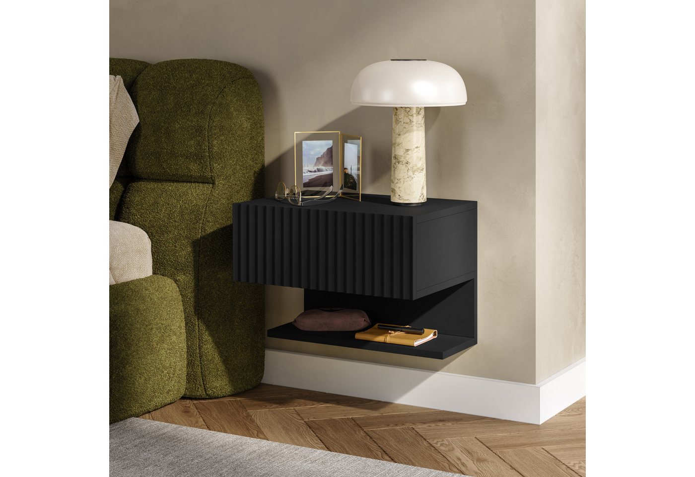en.casa Nachttisch (1-St), »Nand« hängend mit Schublade und Ablage 42x30x30 cm Schwarz