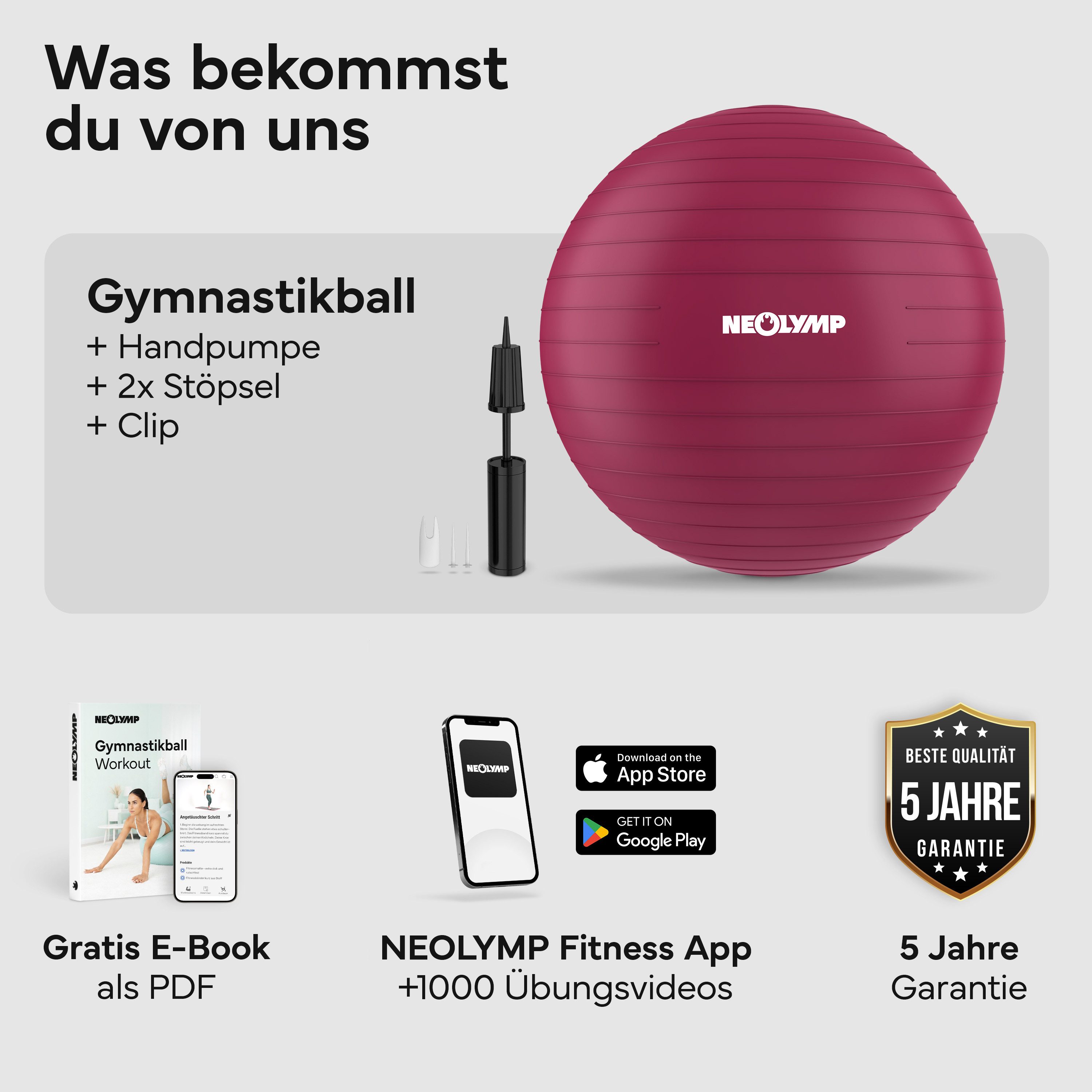 NEOLYMP Gymnastikball Sitzball Büro ergonomisch in 3 Größen S/M/L - bis 300 kg belastbar (Yoga Ball für Homeoffice, Core Training & Balance), Pilates Ball rutschfest & anti burst - Pezziball, Schwangerschaftsball