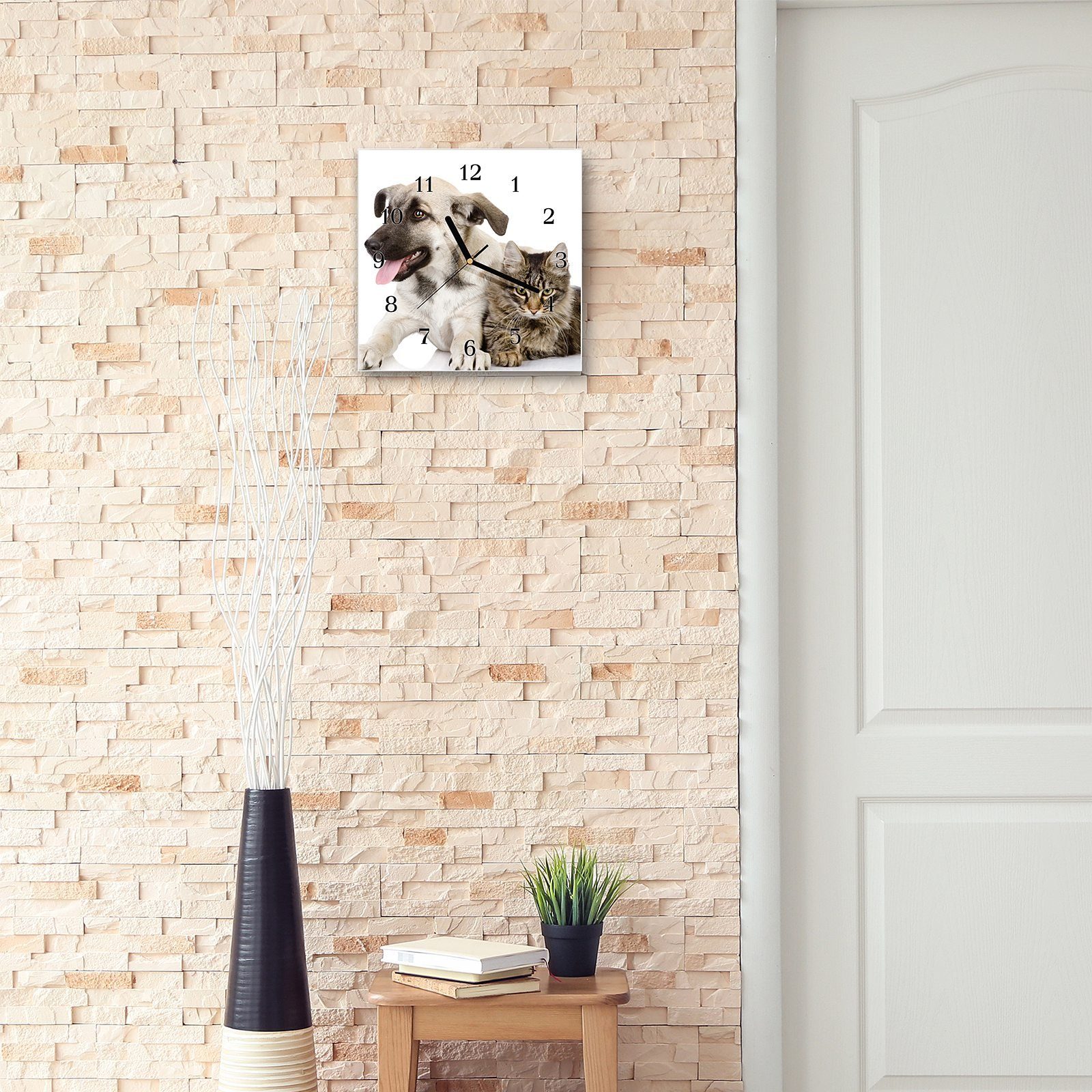 Primedeco mit Glasuhr und Motiv Hund 30 Größe x Wanduhr cm Wanduhr liegend Katze 30 Wandkunst