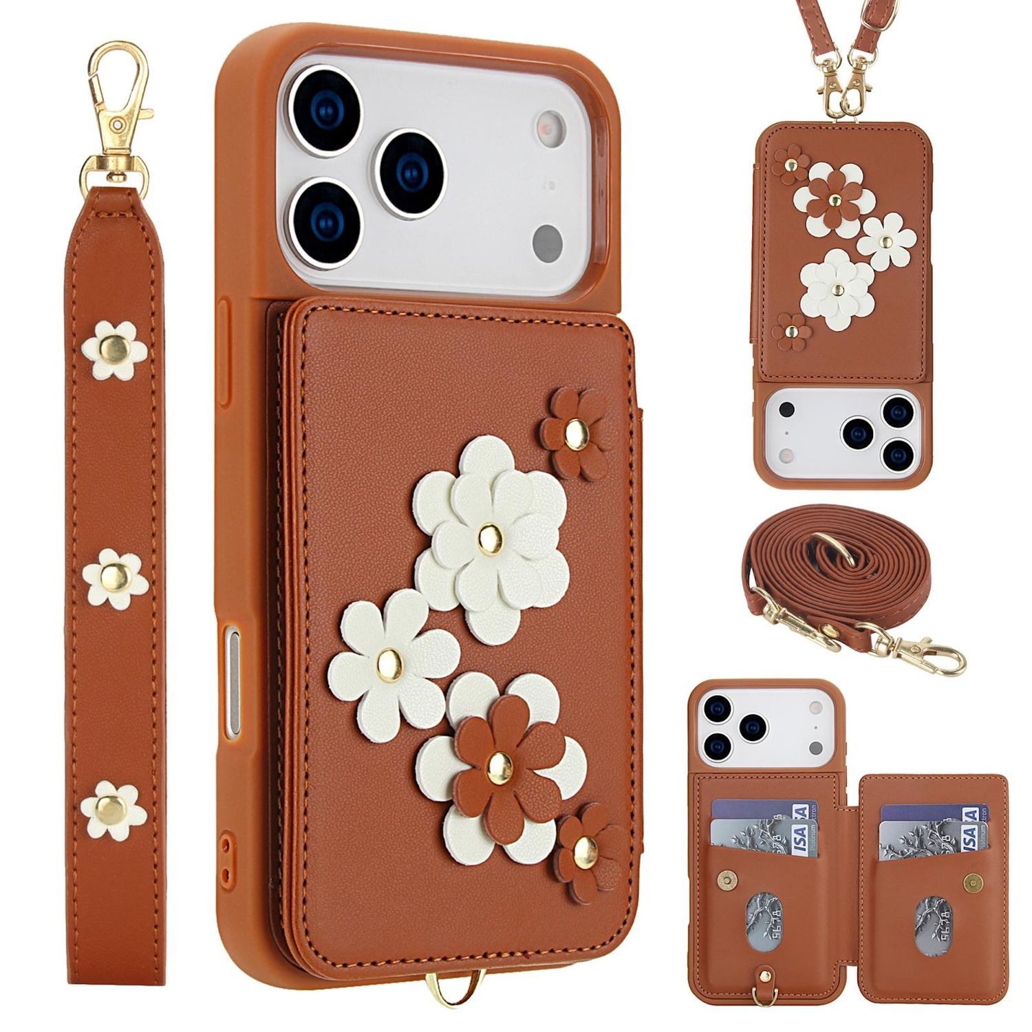 Wigento Handyhülle Für Apple iPhone 17 Pro Max Crossbody Kunstleder Blumen Hülle Braun, Mit Kartenfächern, Gurt, Kickstand-Funktion