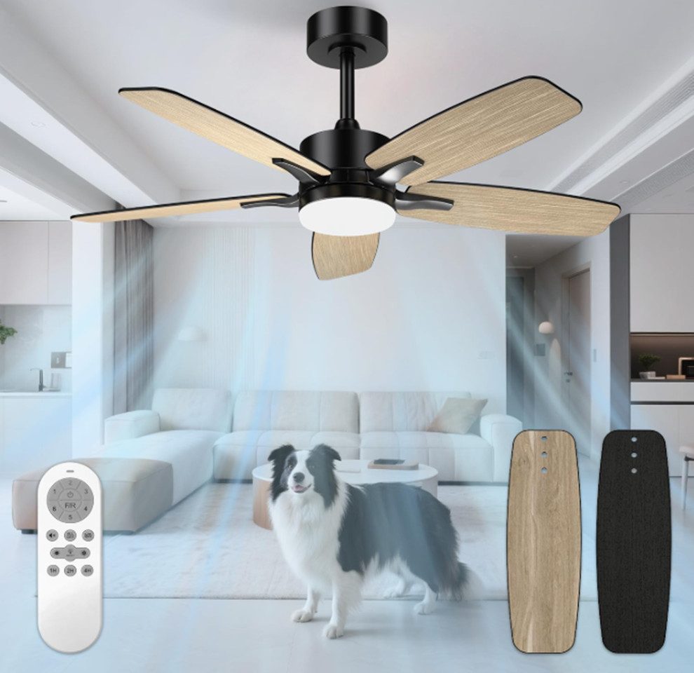 TSE Deckenventilator Mefine Lampe 106cm LED Licht Fernbedienung 6 Stufen Holzmaserung, LED Leistung: 18W, 6 Geschwindigkeitsstufen