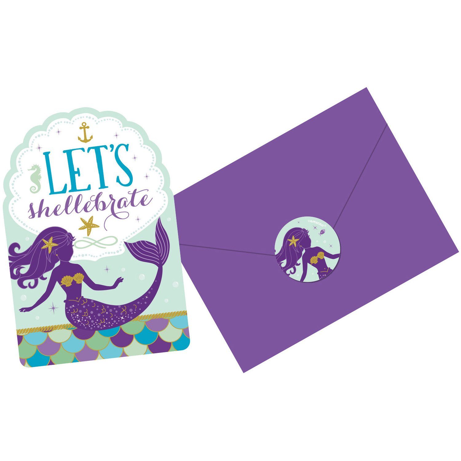 Amscan Pompon Einladungskarten Wishes - Umschläge 8 & Mermaid 