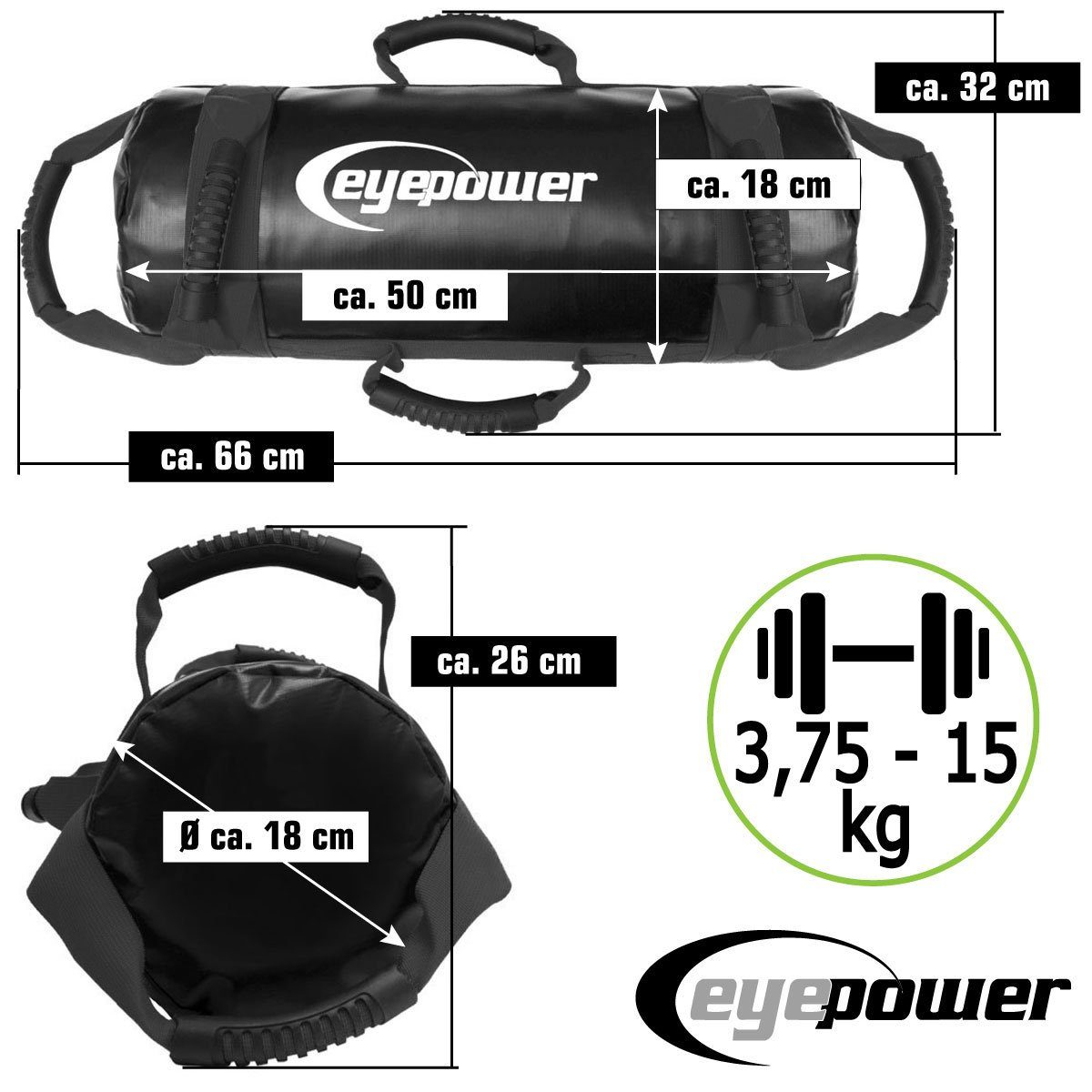 Training eyepower Sandsack Gewichtssack Power mit 15kg 18x50cm Gewichten Kettlebell 4 18x50 Bag cm,