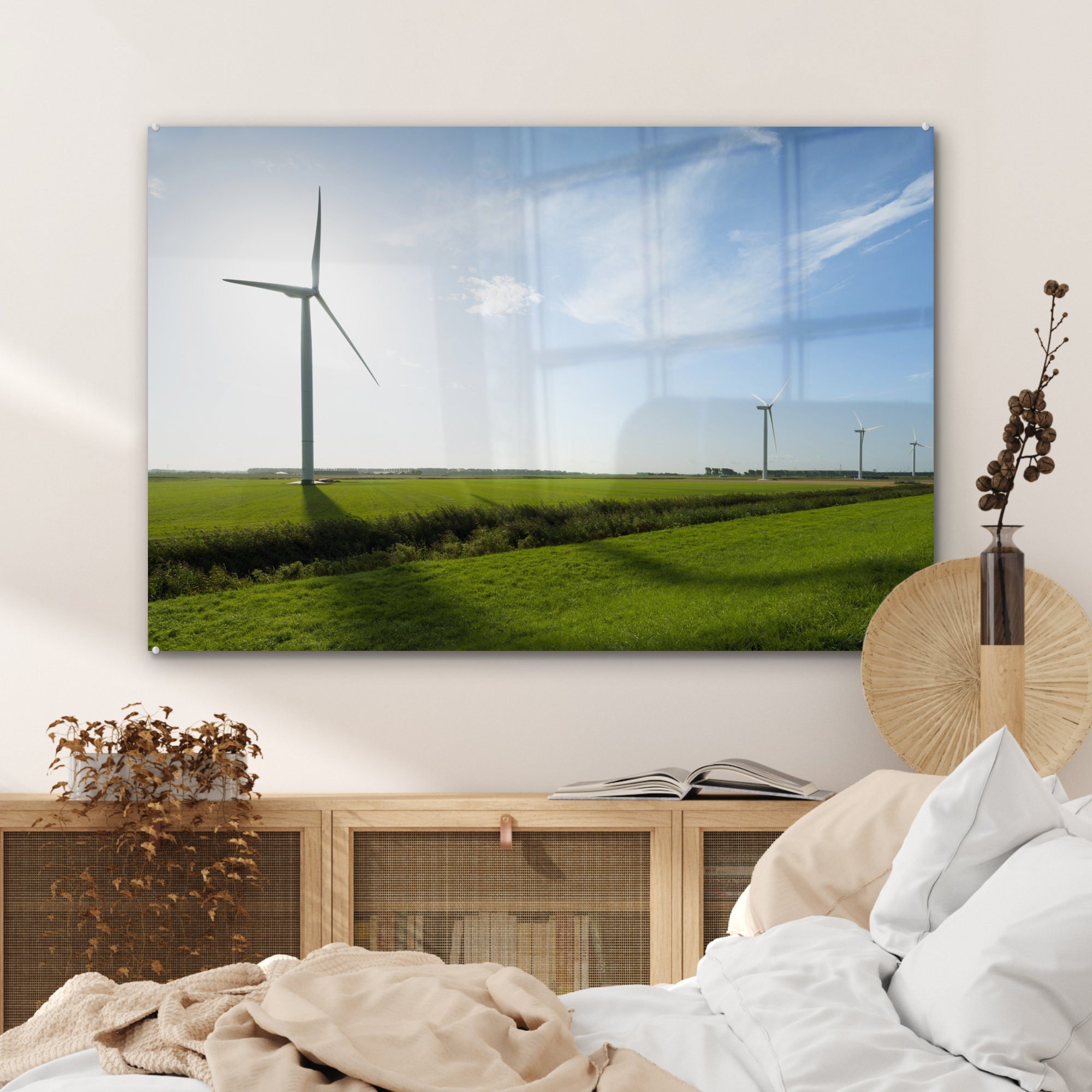 MuchoWow Acrylglasbild Reihe von Windturbinen & Schlafzimmer Lande, Acrylglasbilder St), auf (1 vor dem Wohnzimmer Sonnenaufgang