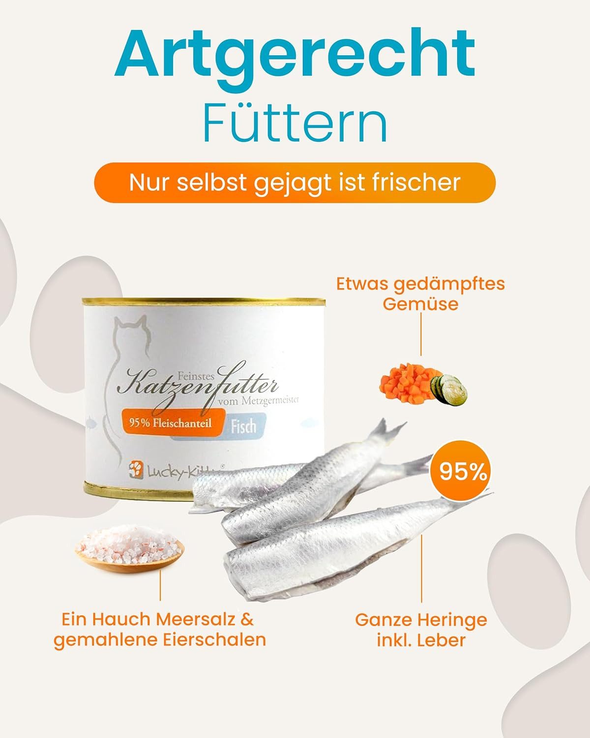 Lucky-Kitty Katzenfutter Fisch, 95 % fangfrischer Hering, getreidefrei 4x200g, Nassfutter für: Katzen, Hypoallergen, ohne Zucker & Füllstoffe, Monoprotein