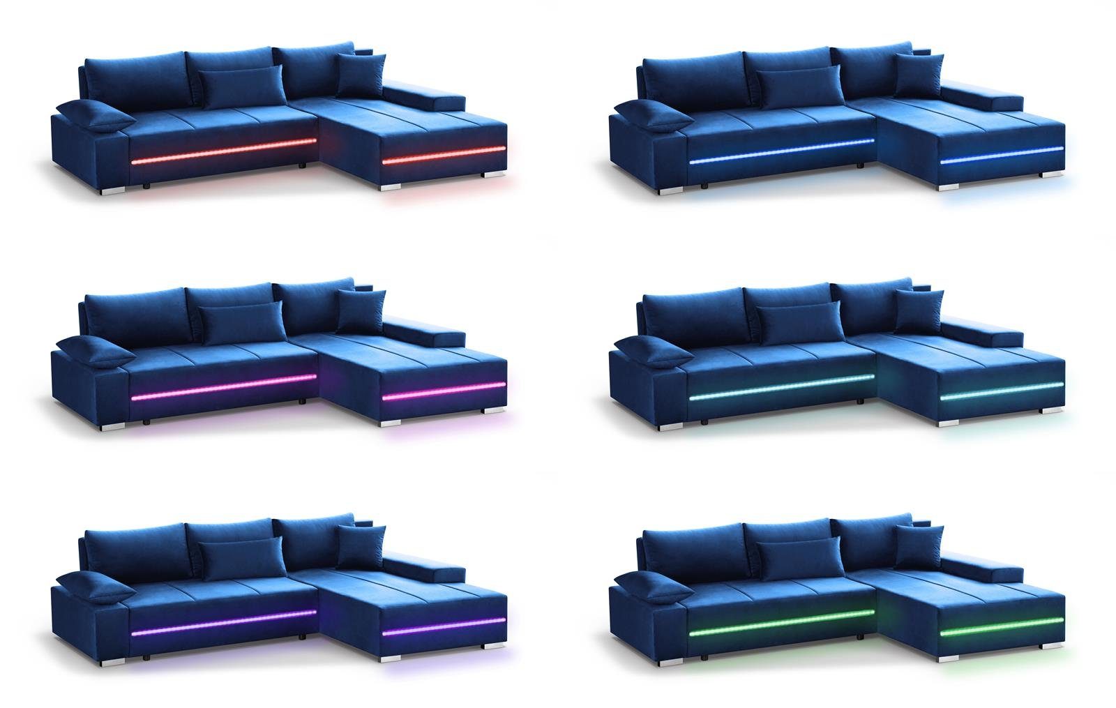 Bettkasten,modernes 81) und Aron, RGB-LED-Beleuchtung Ecksofa Eckcouch Schlaffunktion mit inklusive LED Blau (riviera Beautysofa Sofa,