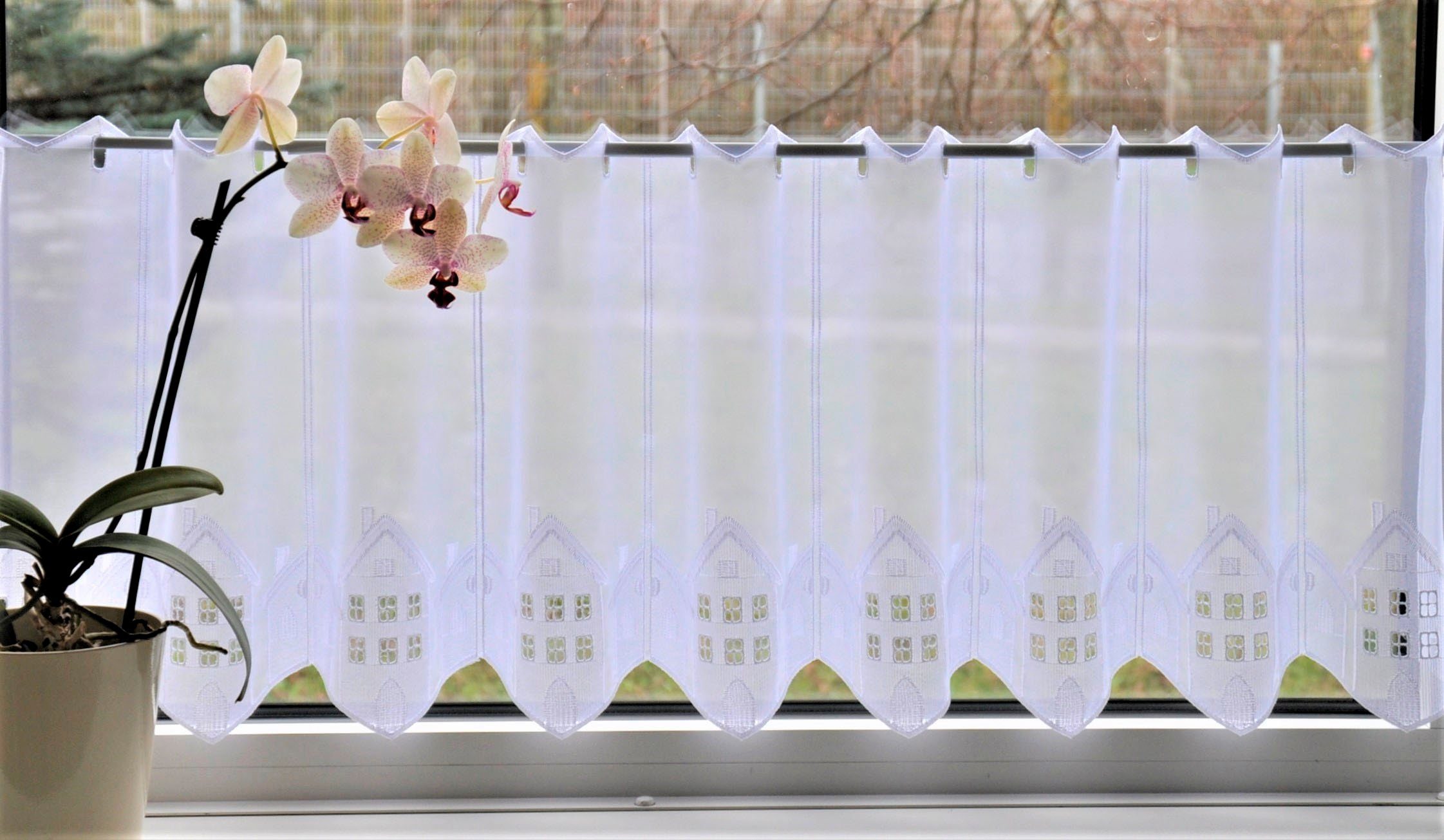 Stickereien Plauen Scheibengardine Häuser (1 St), Stangendurchzug, halbtran günstig online kaufen