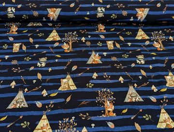 Corileo Stoff Baumwolljersey Fuchs im Zelt auf Streifen Blau Stoff