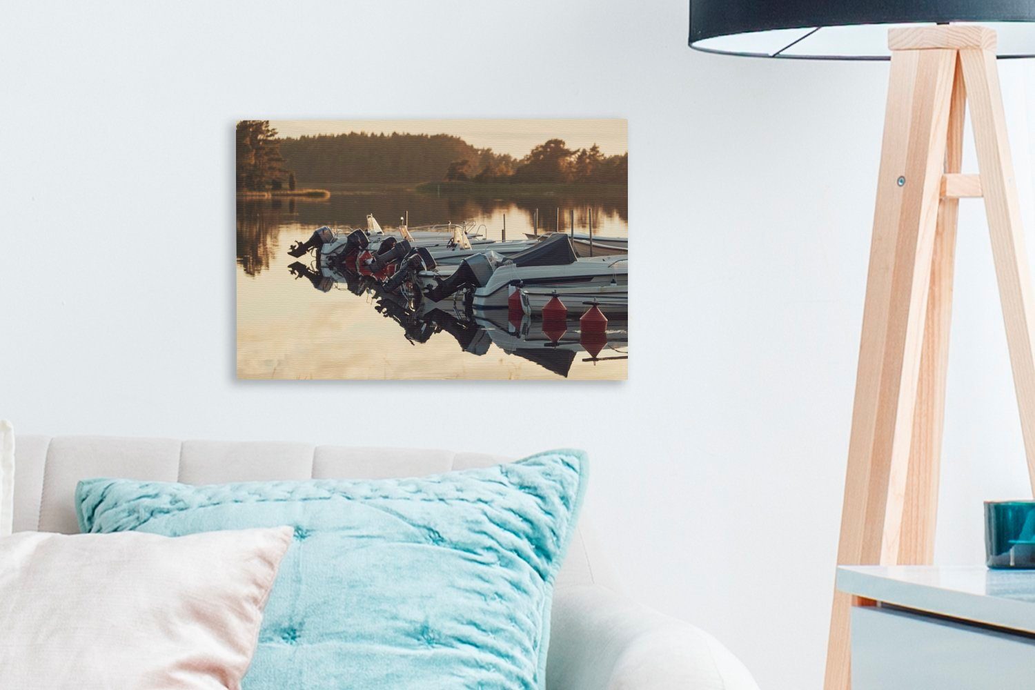 OneMillionCanvasses® Leinwandbild Auf einem Wanddeko, Leinwandbilder, St), 30x20 vertäute Motorboote, (1 cm See Aufhängefertig, Wandbild