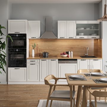 Livinity® Küchenzeile R-Line, Weiß Landhaus/Weiß, 300 cm mit Hochschrank, AP Eiche