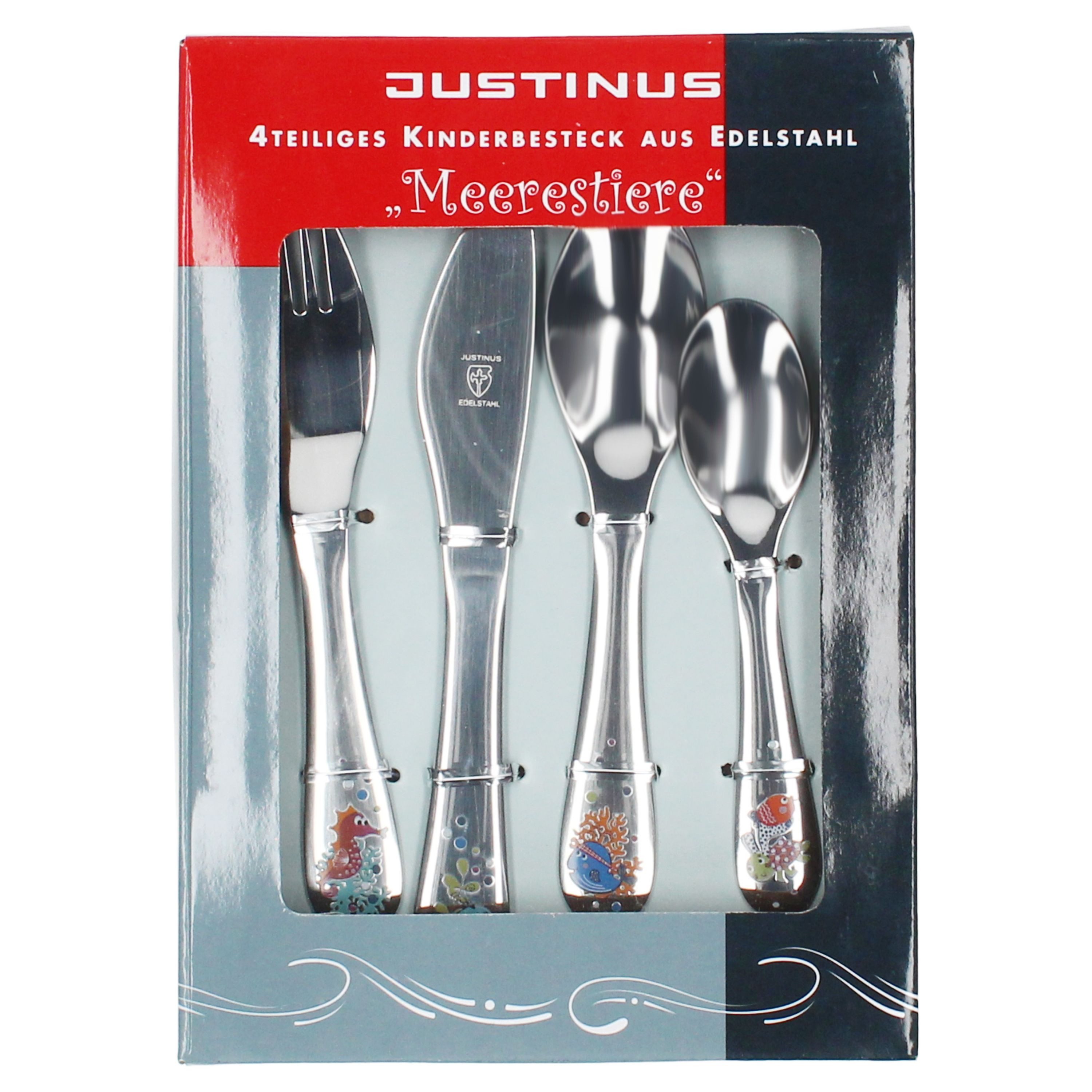 Justinus Besteck-Set Justinus 4tlg Meerestiere Kinder-Besteck-Set Messer Gabel Löffel, Edelstahl