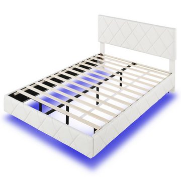 Fangqi Lederbett 140 x 200 Doppelbett, Schwebebett, Polsterbett mit LED Lichtleiste (Höhenverstellbares Kopfteil, farblich verstellbares Licht), Metallrahmen mit Holzlatten