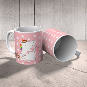 Mr. & Mrs. Panda Kinderbecher Einhorn Näherin - Rot Pastell - Geschenk, Outdoorgeschirr, Kindertass, Kunststoff, Mikrowellenbeständig