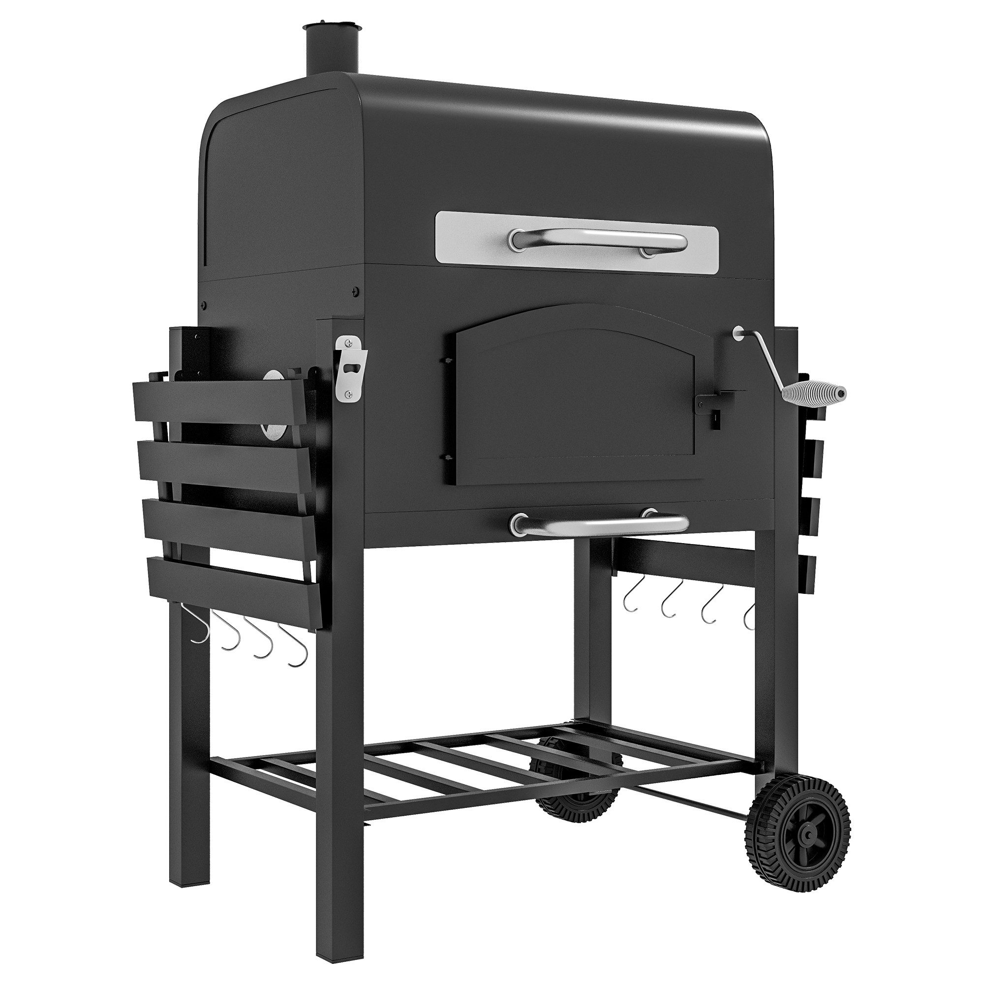 kowdom Holzkohlegrill 3-in-1 mit Smoker, Deckel, Warmhalterost & Seitenablagen, mobil, Standgrill, 3-in-1, Kurbel, Klappablagen, Asche, Rollen