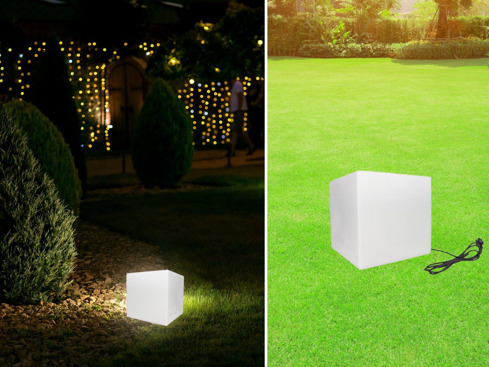 meineWunschleuchte LED Würfel, Dimmfunktion, LED wechselbar, Leuchtwürfel mit Strom Erdspieß & smarter LED für Garten 38x38cm IP 65