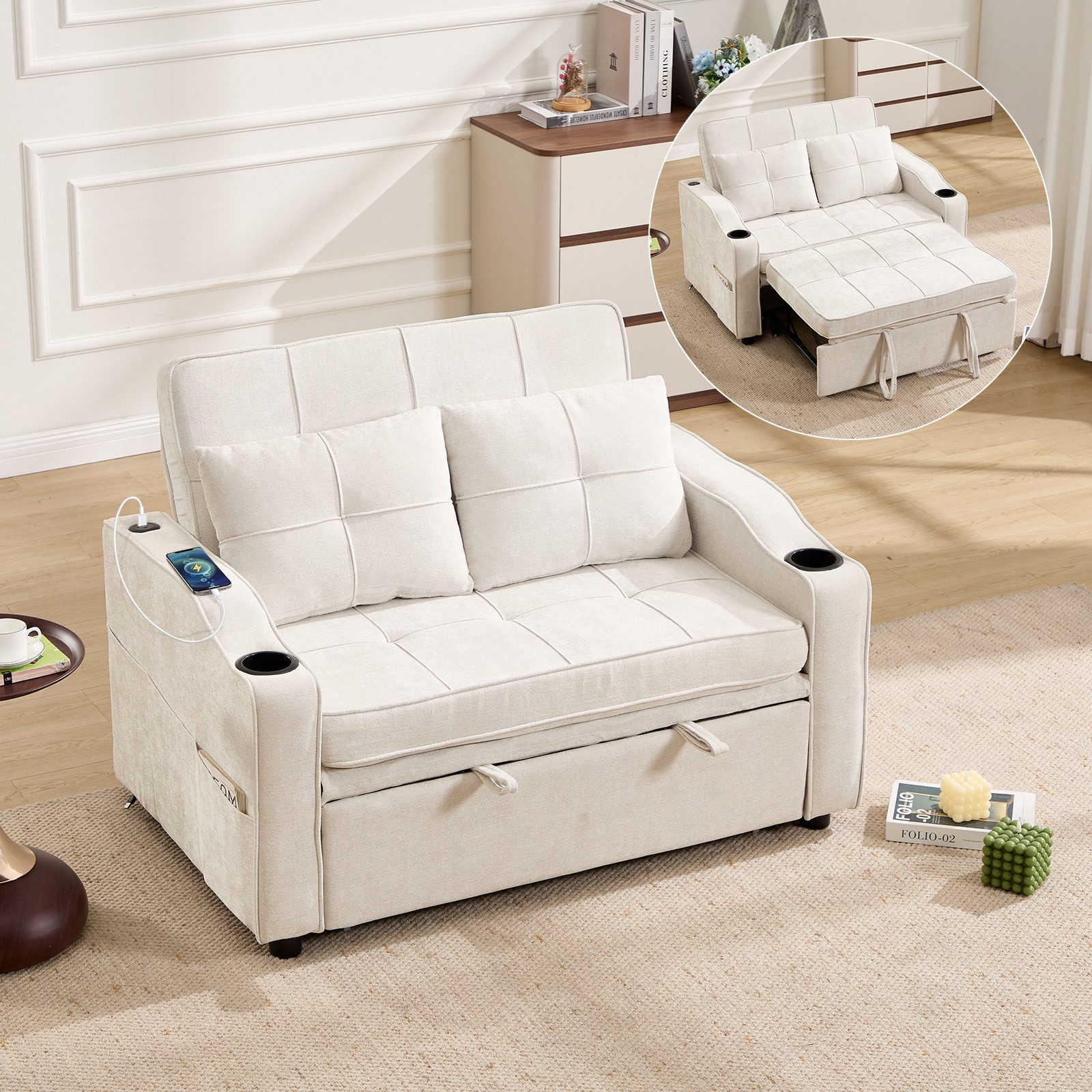 Bonzy Home Schlafsofa 2-Sitzer Schlafsofa, mit Getränkehaltern und Seitentasche, 93*84*125cm, mit Ladeanschluss und Seitentaschen