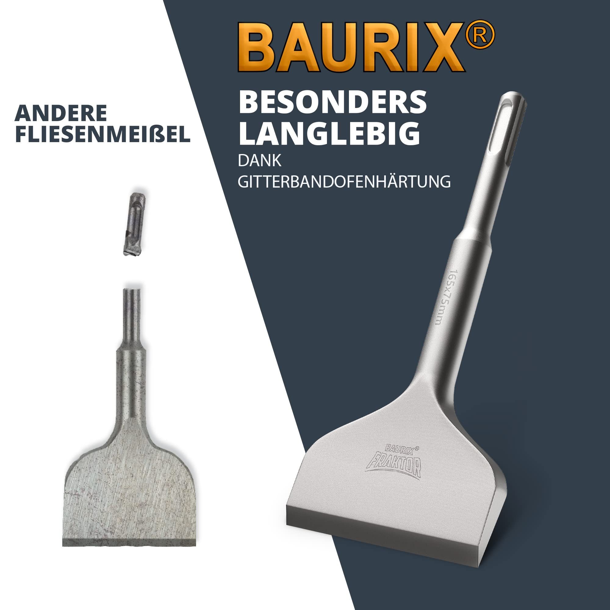 BAURIX Flachmeißel SDS Plus Meißel I FRAKTOR®-System - Mühelos Fliesen entfernen, 165 in mm, für SDS Plus, (Abgewinkelter Flachmeißel breit für Fliesen und Fliesenkleber) I 42CrMo-Spezialstahl