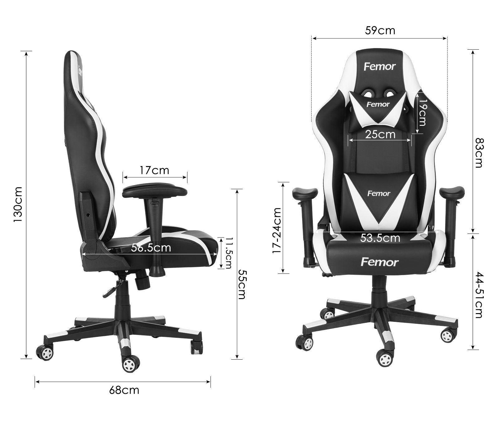 Femor Gaming-Stuhl, Bürostuhl, Gamer Ergonomischer Stuhl, bequemer Gaming  Sessel mit Kopfstütze und Lendenkissen, höhenverstellbar, drehbar,  einstellbare Armlehne, 90-165°Neigungswinkel, einfacher Aufbau