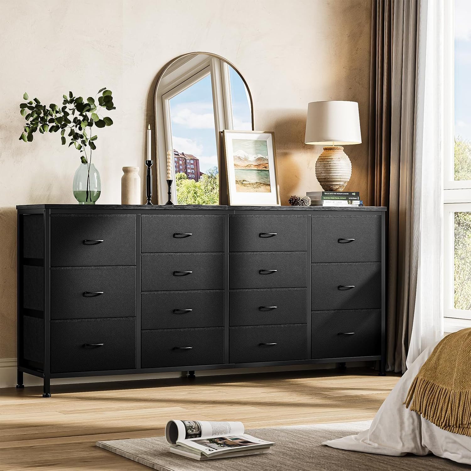 GarveeMore TV-Bank 160cm TV-Schrank mit 14 Schubladen, Steckdosen Holzmaserung