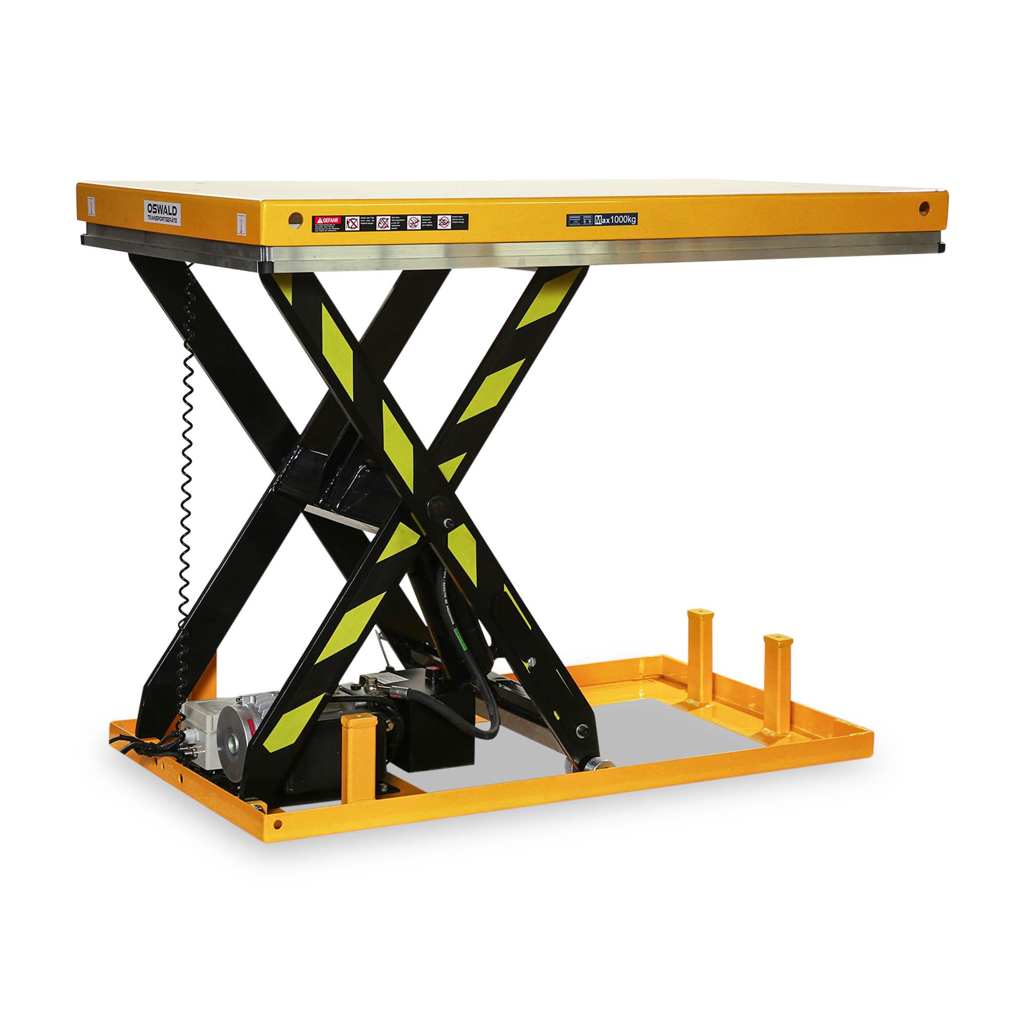 Gabelhubwagen Hubtisch OSWALD ETH1 1,0 t Hubhöhe 990 mm, 1300 x 800 mm, 230V
