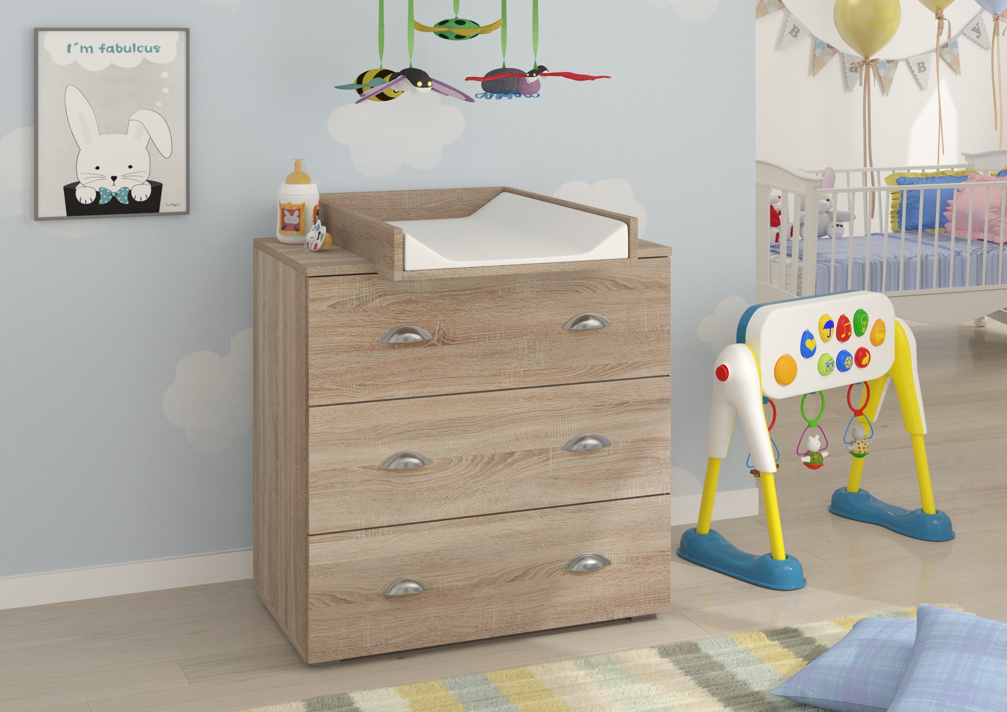 Raumhirsch Furniture Kommode Sideboard, Lowboard, Wohnmöbel (Maße: 80 x 71,8 x 90 (H) cm, 3 Schubladen), Wickelaufsatz, Baby Geeignet, Belastbar bis 11 kg