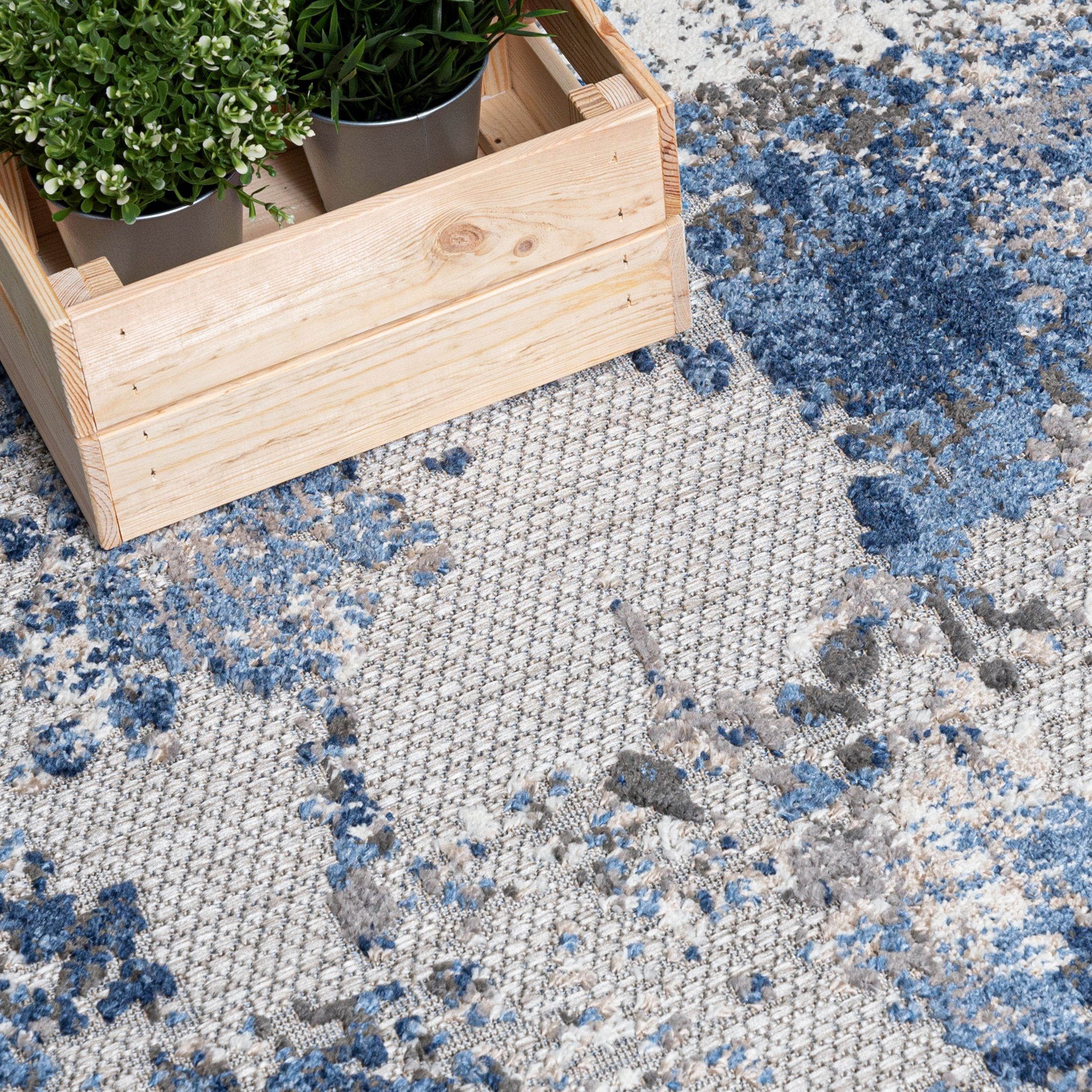 Mazovia Designteppich In- & Outdoor Teppich Wetterfest & UV-beständig Balkon - Blau Grau, 80 x 150 cm, Höhe 6 mm, Kurzflor, Weich, Pflegeleicht, Flachgewebe