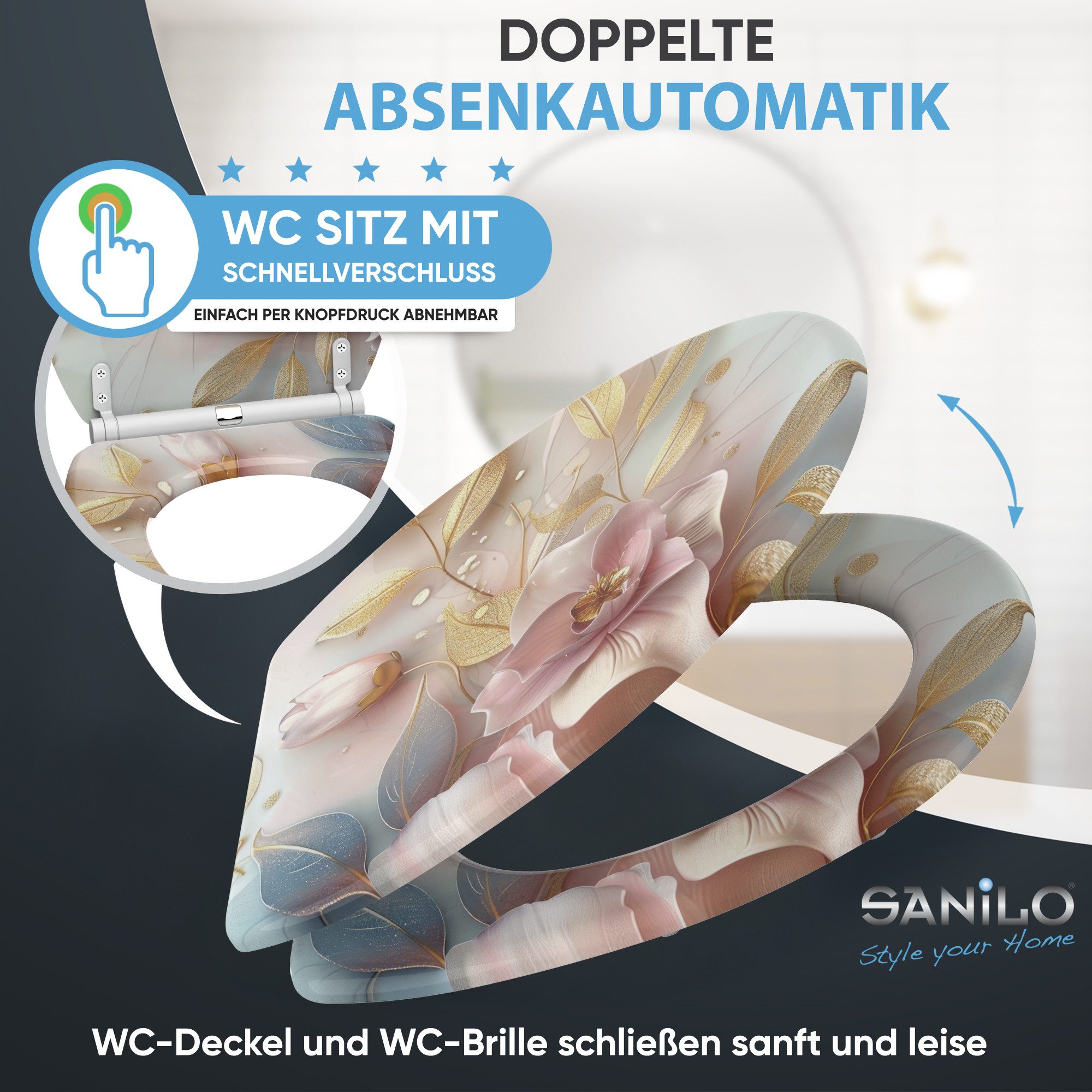 Sanilo WC-Sitz Florentia mit Absenkautomatik & Quick Release, hochwertig, abnehmbar, leichte Montage von oben, mit Schraubenzieher