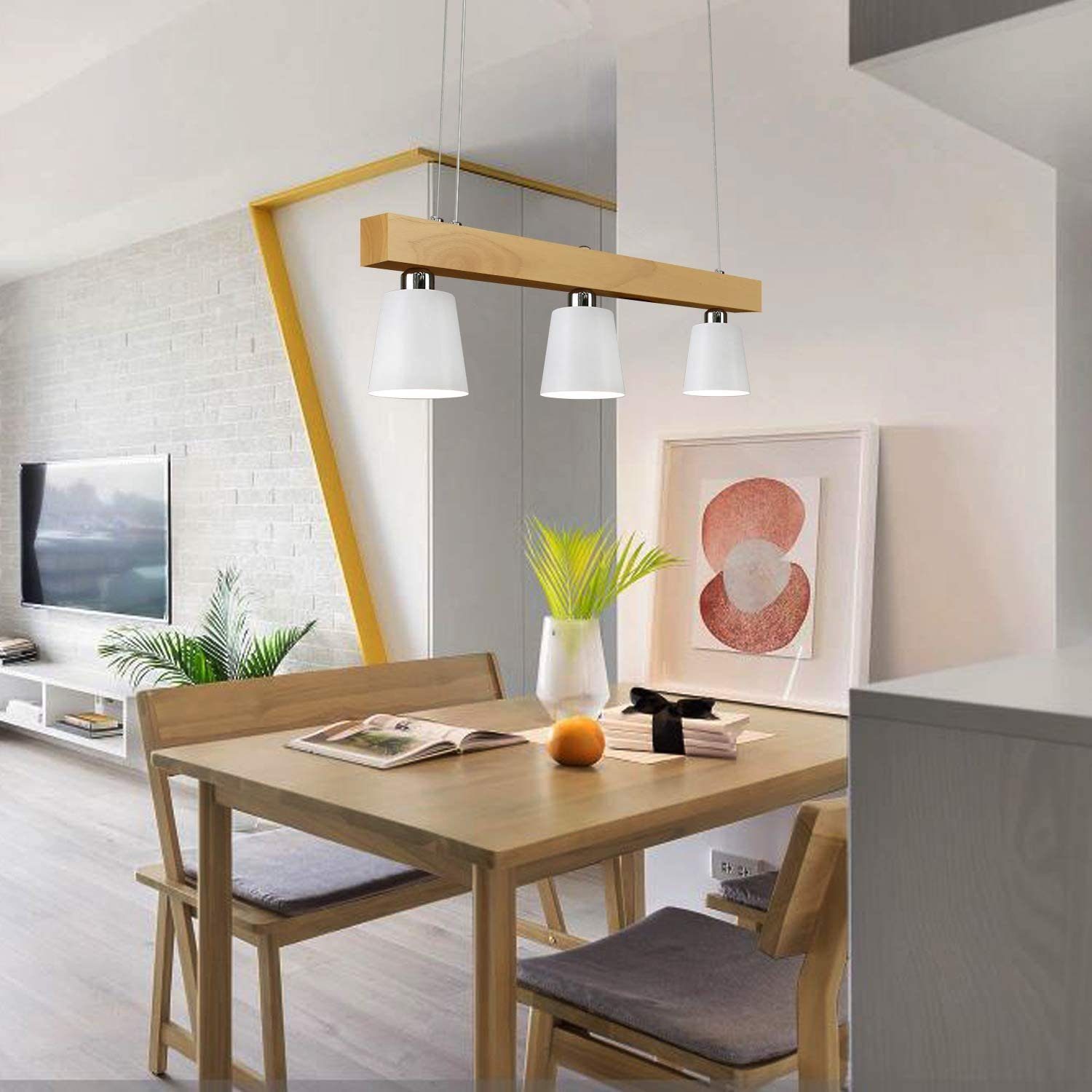 ZMH LED Pendelleuchte Esstisch Holz 3 Flammig Warmweiß Höhenverstellbar, Plug Shine, LED wechselbar