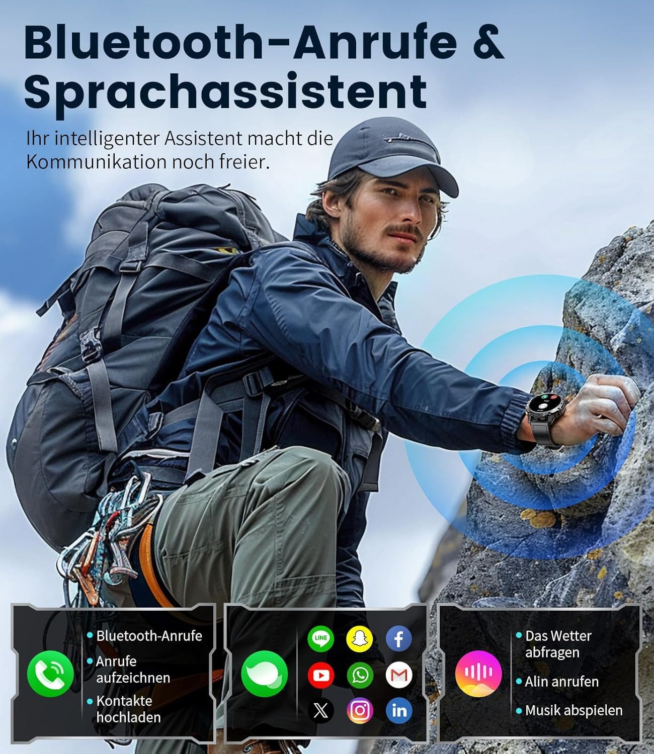 FoxBox EF8-I Smartwatch (3,8 cm, android ios), Herren Outdoor Smartwatch mit AMOLED Display, 500 mAh