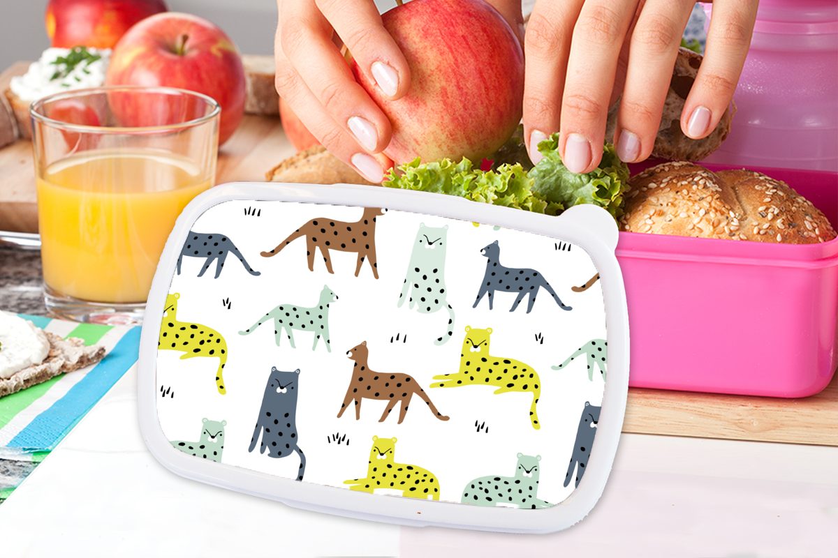 Kinder, Lunchbox - Mädchen, Wilde rosa Brotbox Dschungel, Brotdose (2-tlg), Tiere Snackbox, Kunststoff, Erwachsene, Kunststoff für - MuchoWow Katze