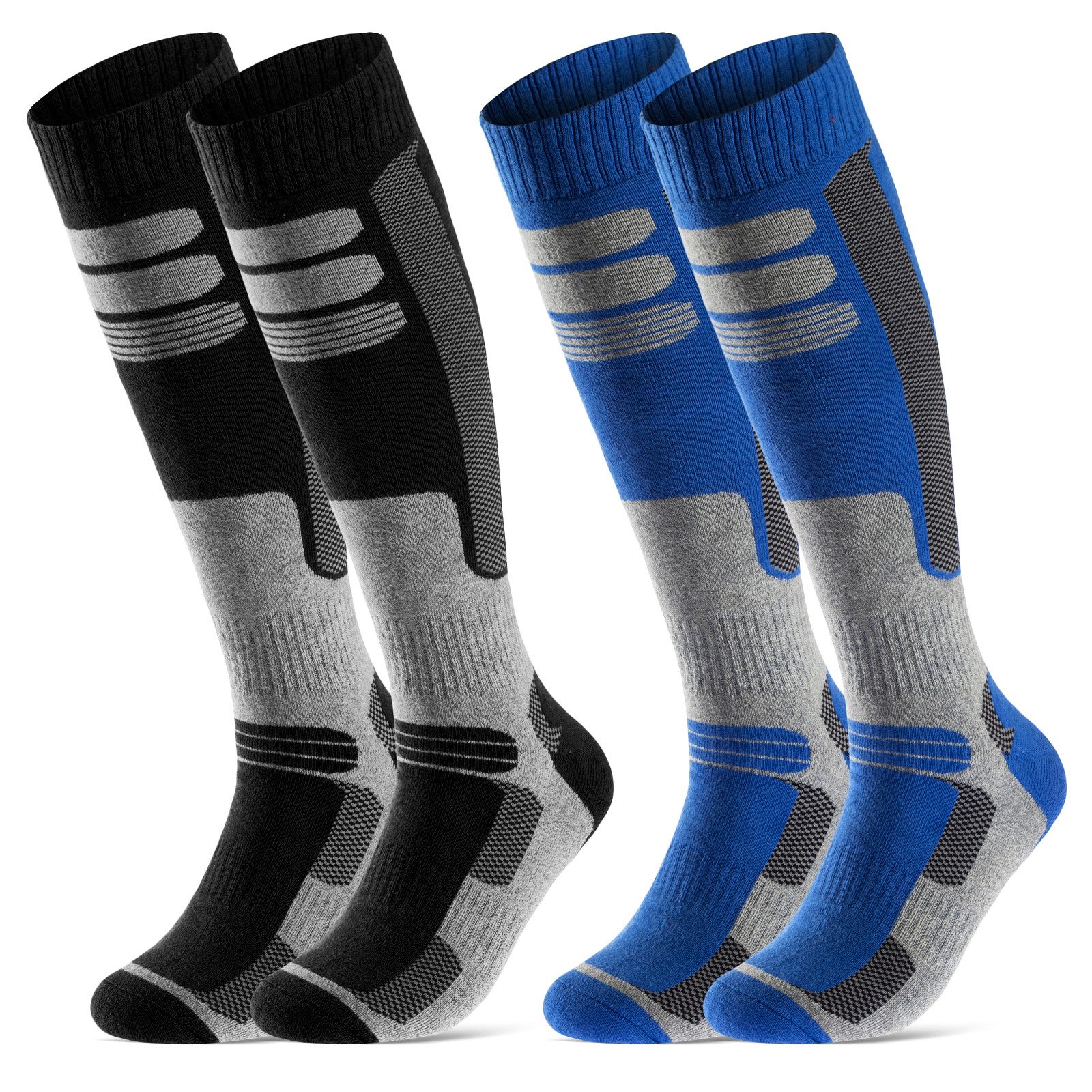 sockenkauf24 Skisocken 2 Paar Ski Strümpfe Herren & Damen Ski Socken lang (Schwarz/Blau, 43-46) Atmungsaktiv - 42816