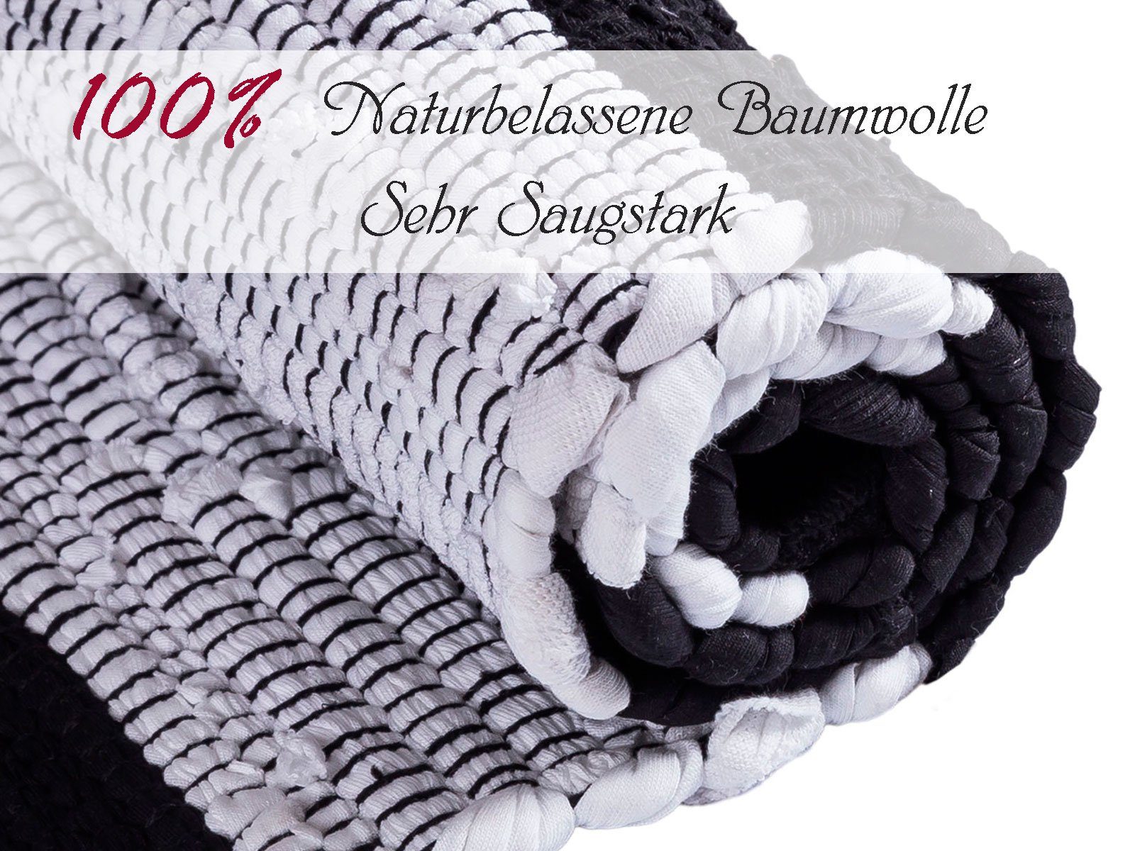 80x50 Teppich Badematte 2er schwarz-weiß groß Baumwolle Badezimmerteppich Set Chindi, Minara
