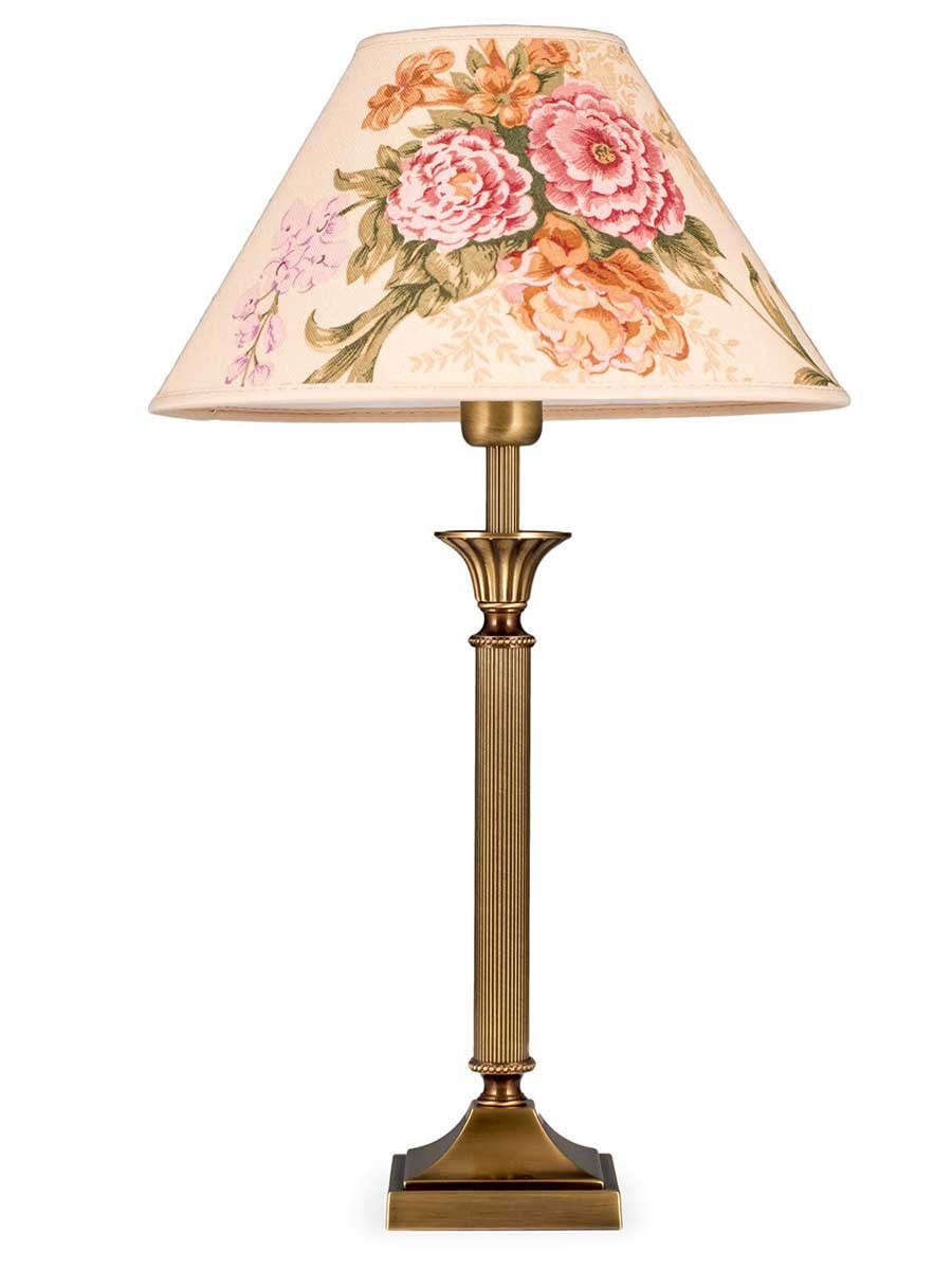 Helios Leuchten Schreibtischlampe Tischlampe Messing antik Stoffschirm weiß geblümt, Nachttischlampe Leselampe, Handarbeit echtes Messing