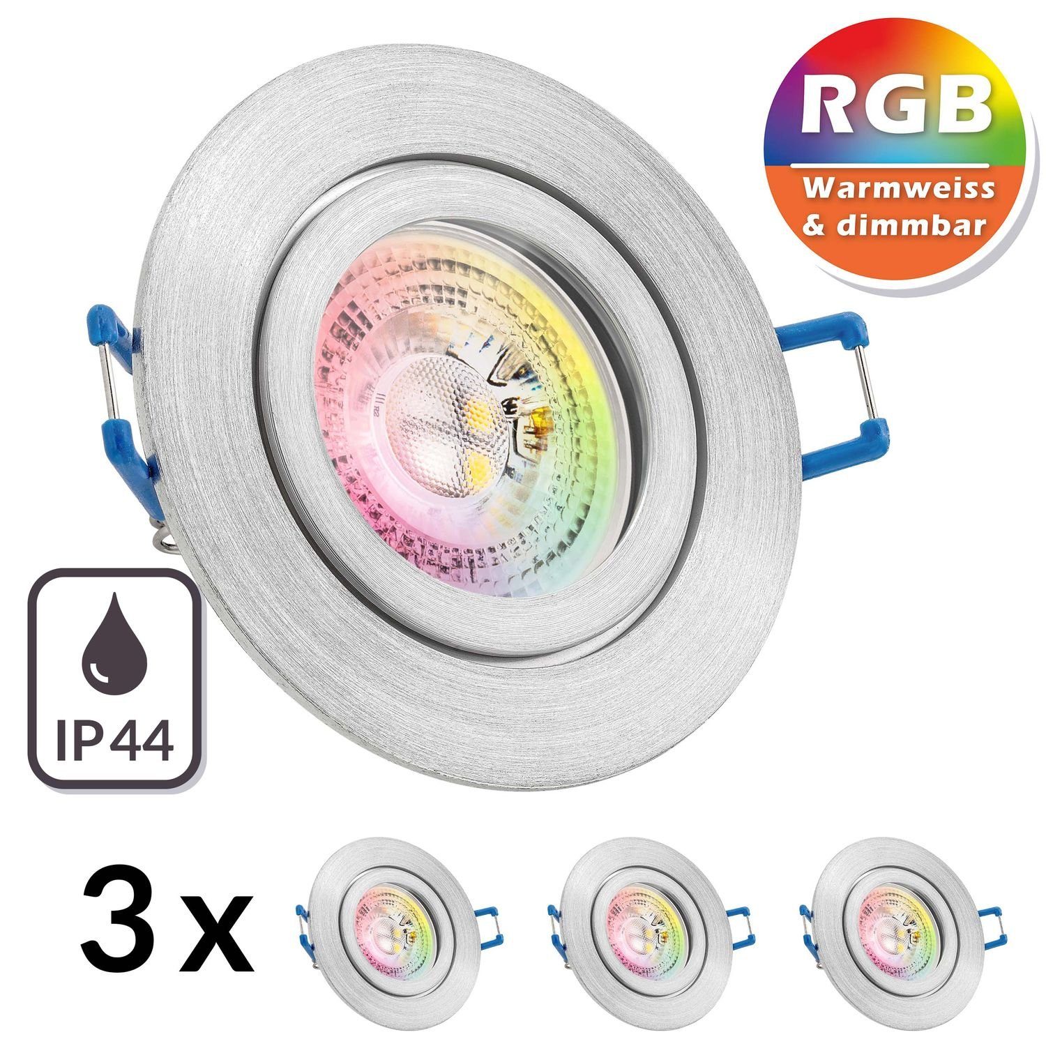 LEDANDO LED Einbaustrahler 3er IP44 RGB LED Einbaustrahler Set GU10 in aluminium matt mit 3W LED