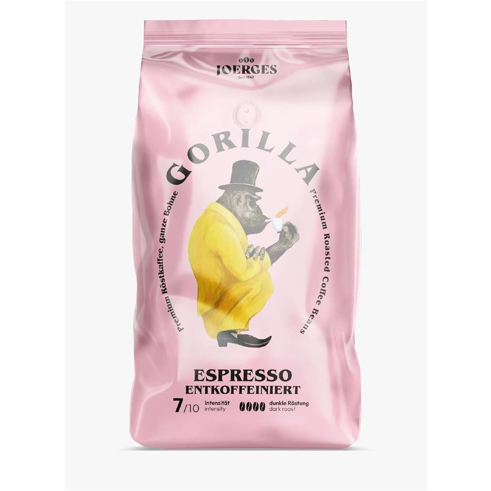 Gorilla Kaffee Joerges Espresso Entkoffeiniert 1kg Bohnen Kaffeebohnen, 1 x 1000 g, ausgewogene Mischung sorgt für ein rundes und angenehmes Aroma
