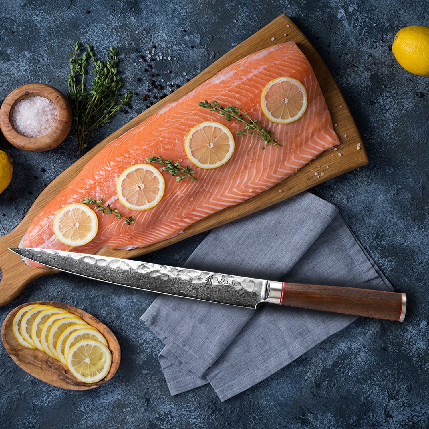 Wakoli Tranchiermesser Nussbaum Damast Sashimi Kochmesser 25 cm Klinge Nussbaumholzgriff, Damaststahl, VG10, Nussbaumholz – Bild 4 von 4